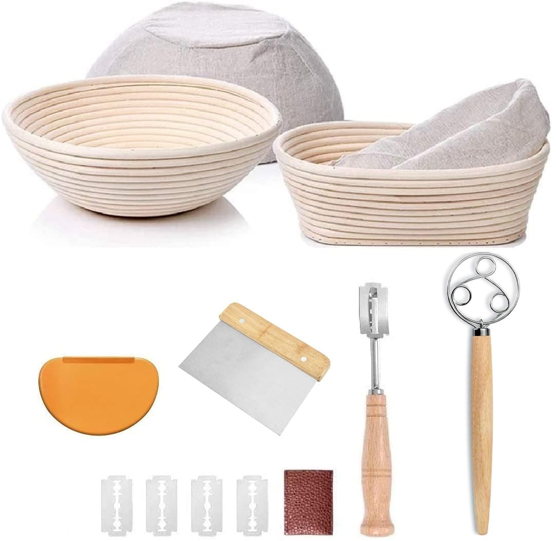 YAANI Bread Proofing Basket Set Of 2 Round and Oval, Banneton Proofing Basket + Danish Dough Whisk + Bread Scoring Lame + Stainless Steel Scraper + Flexible Scraper, Sourdough Tools Kit, Baking Gifts