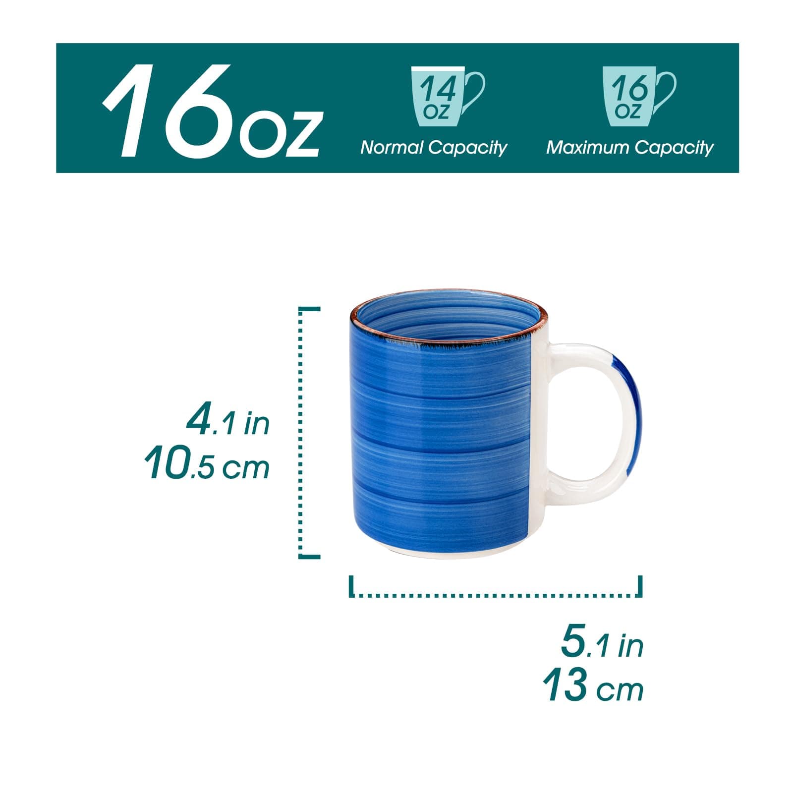 Bonita Ceramic Coffee Mug Set of 6,16 Oz Coffee Cups with Large Handle for Tea,Latte,Cappuccino,Milk,Cocoa,Dishwasher&Microwave Safe(Blue)