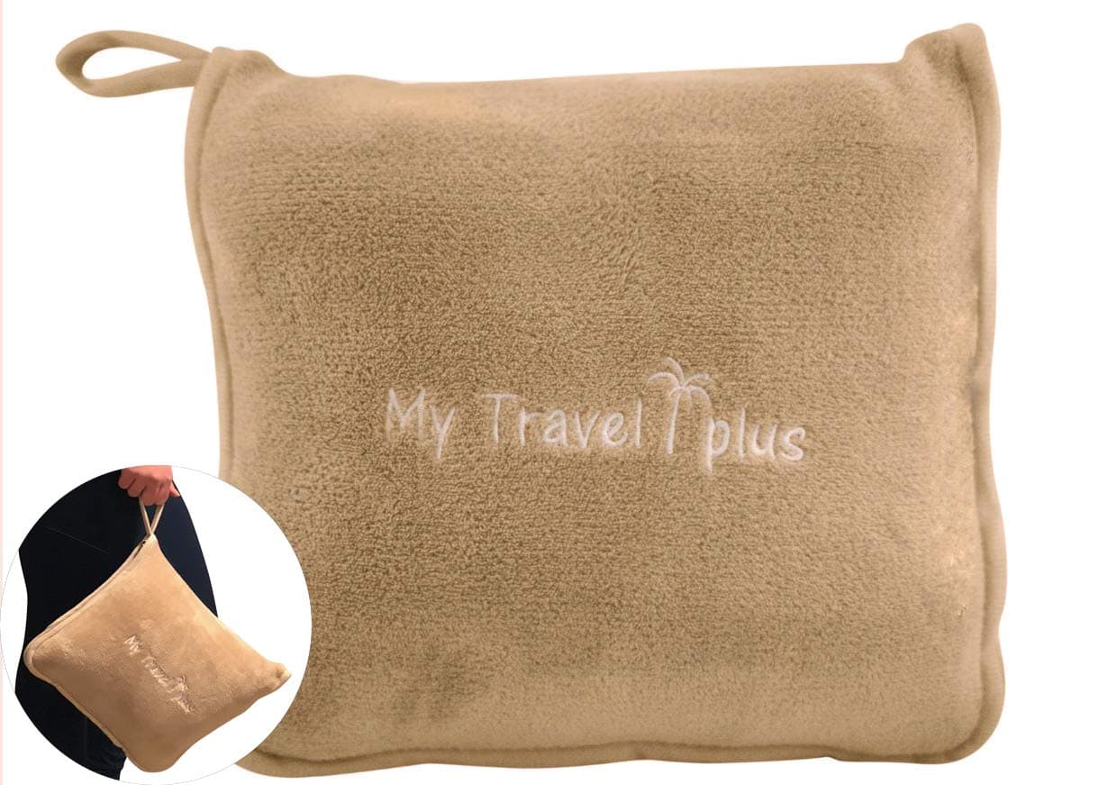 Premium Travel Blanket Pillow - Cozy-Soft Microfleece Blanket 2 in 1 Portable Compact Airplane Blanket for Travel in Compact Bag, Use for Any Travel, Comfort and Deluxe Feel (Beige)