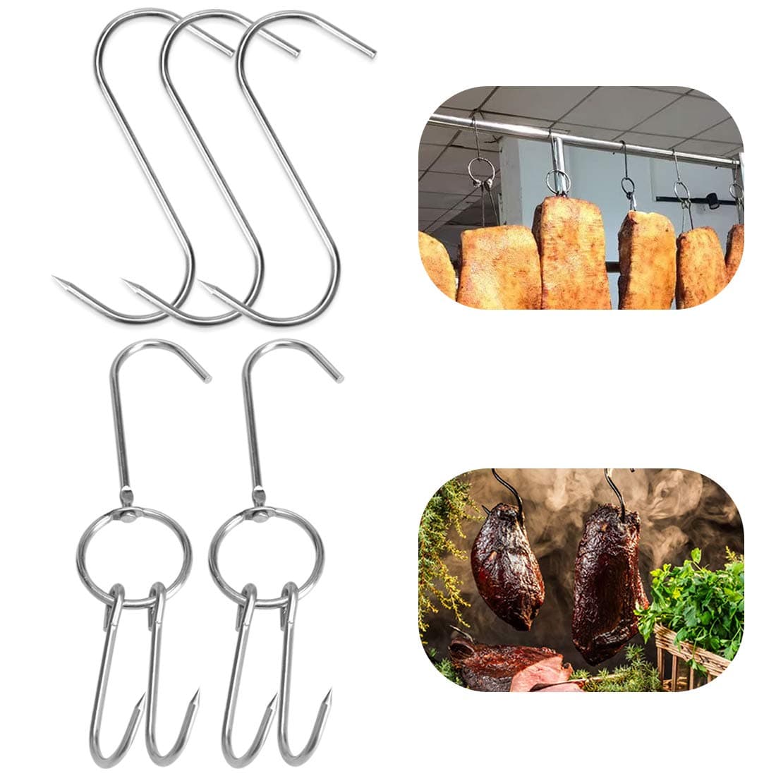LOUTY 2pcs Stainless Steel Double Hooks + 3pcs S-Hooks for Meat Processing Butcher Hook Hanging Drying BBQ Grill Cooking