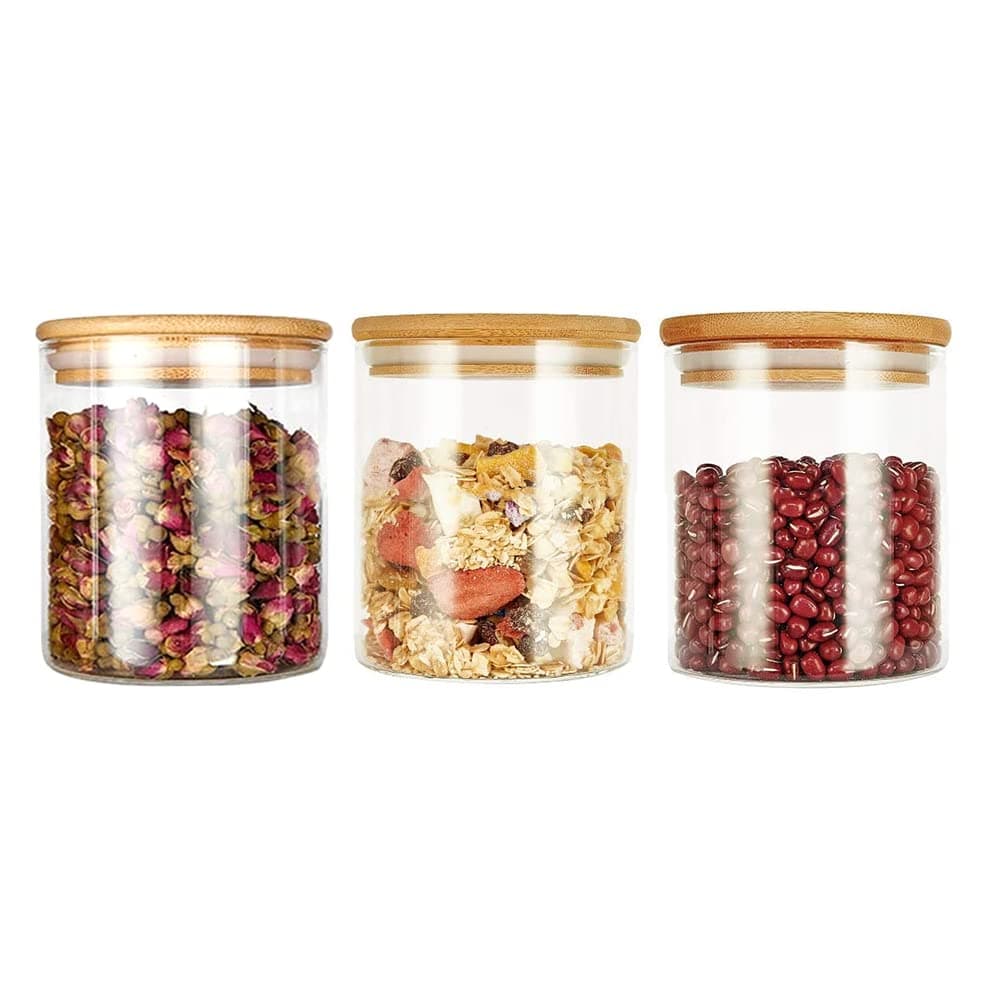 450ml Glass Jars with Bamboo Lids, Air Tight Kitchen Food Cereal Containers for Storage,Sealed jar with bamboo lid.(3pcs)