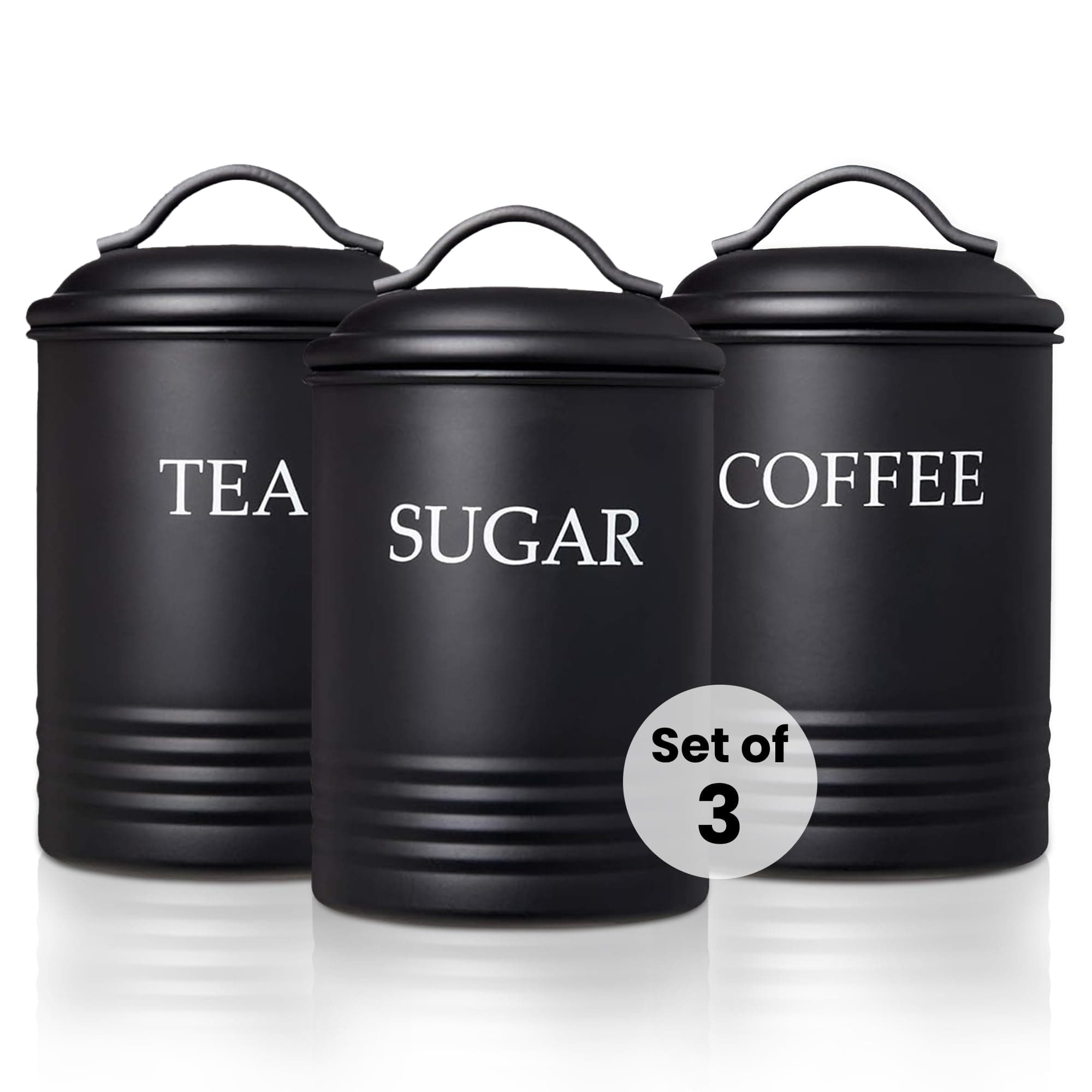Kitchen Canister Set of 3 Sugar Coffee Tea with lids Food Storage, Black