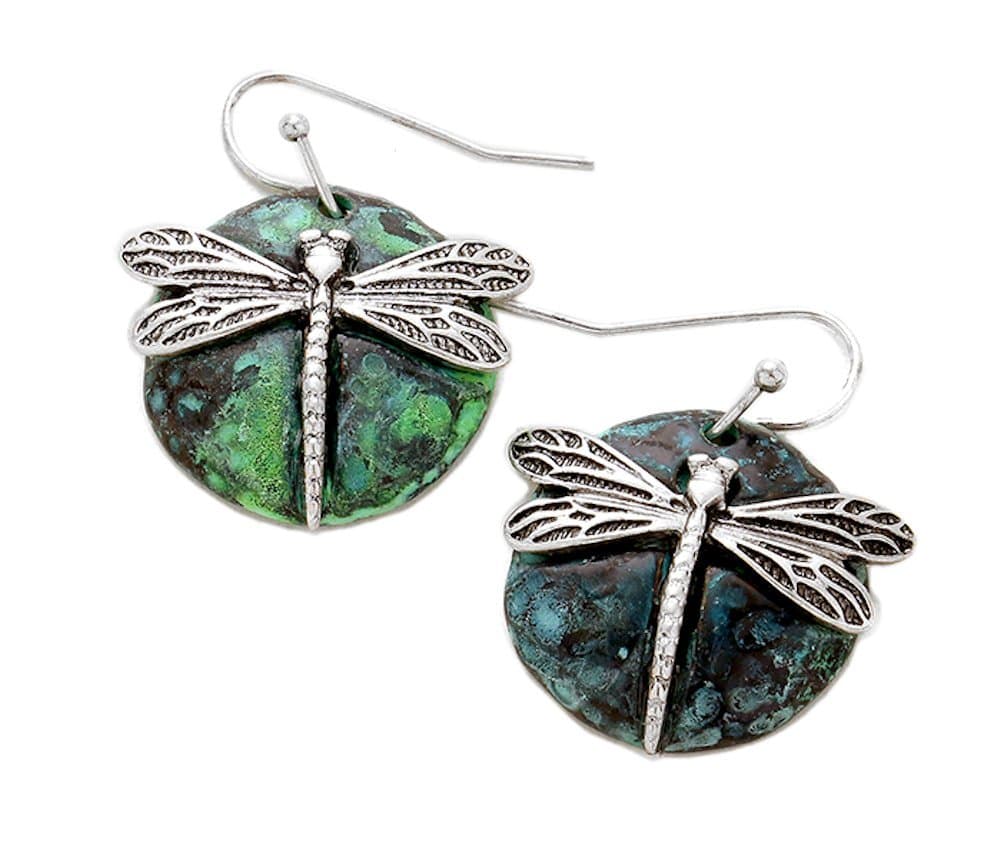 Two-tone Silver and Turquoise PatinaTone Dragonfly Earrings Fish Hook Ear Wire