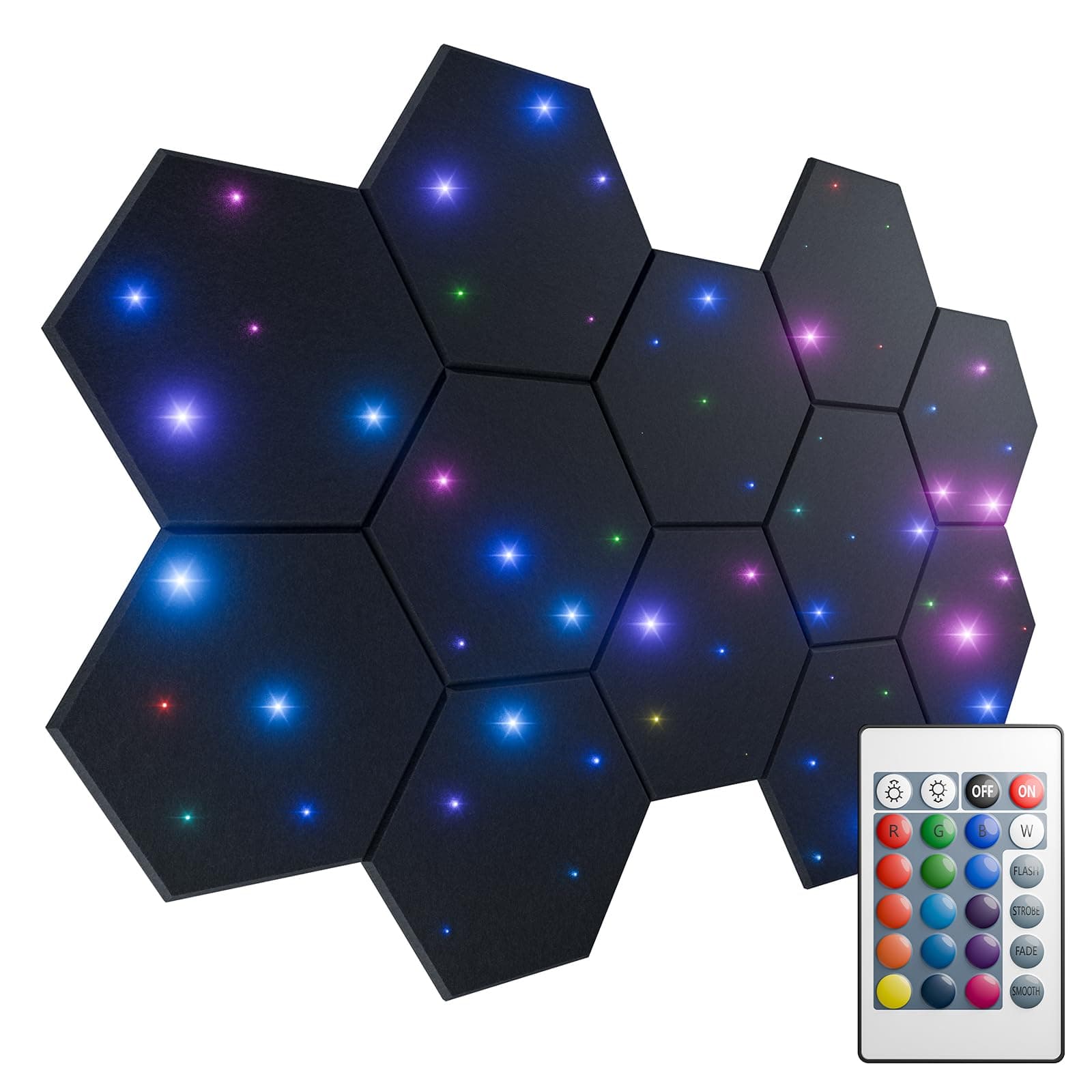 ZenSonic 12 Pack Self-adhesive Sound Proof Foam Panels for Walls 12" X 10" X 0.4" - Hexagon Acoustic Panels with Fiber Optic Starlight, Stylish Soundproof Wall Panels Absorb Noise and Wall Decor Black