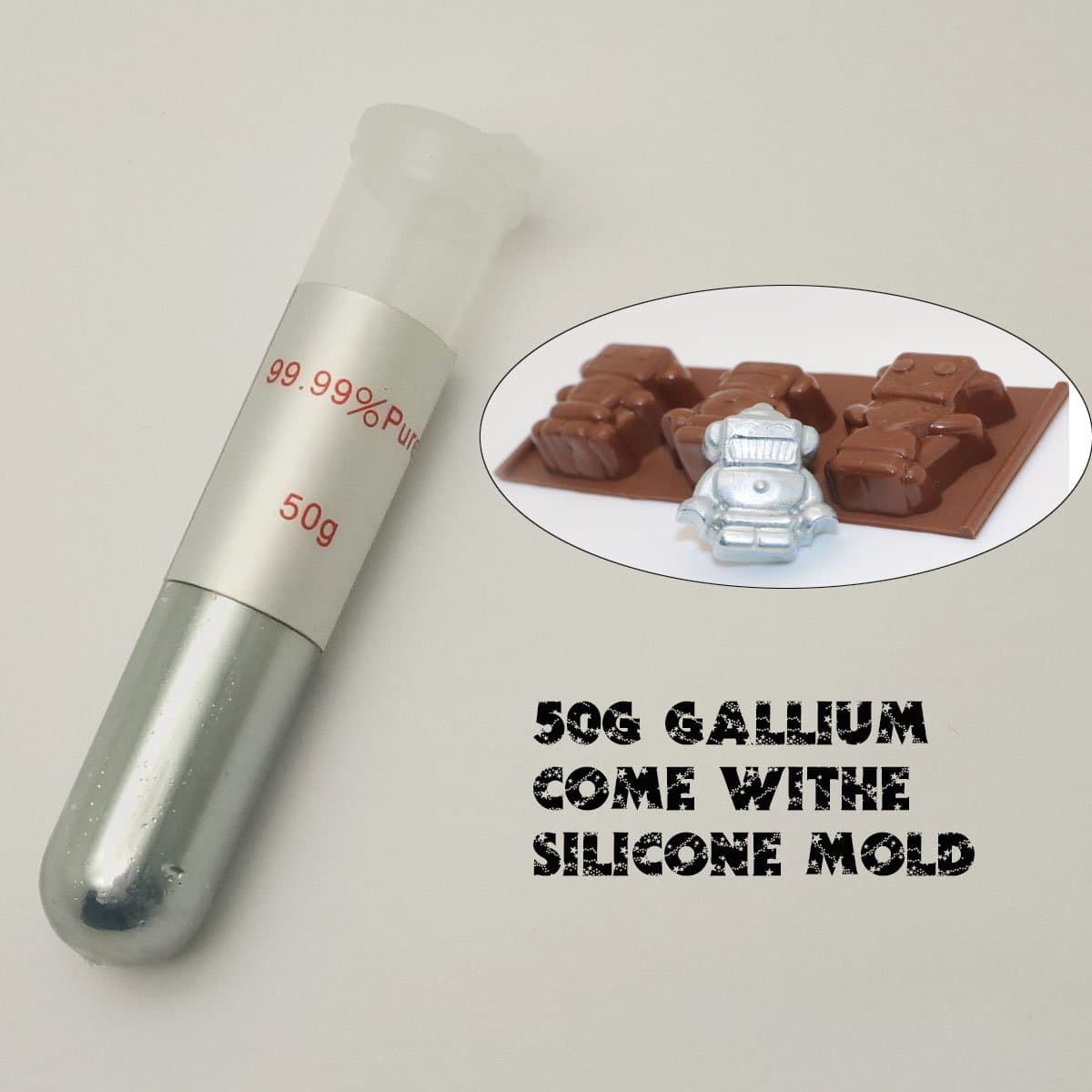 Gallium 99.99% Pure 50 Grams With Robot Shape Silicone Mold