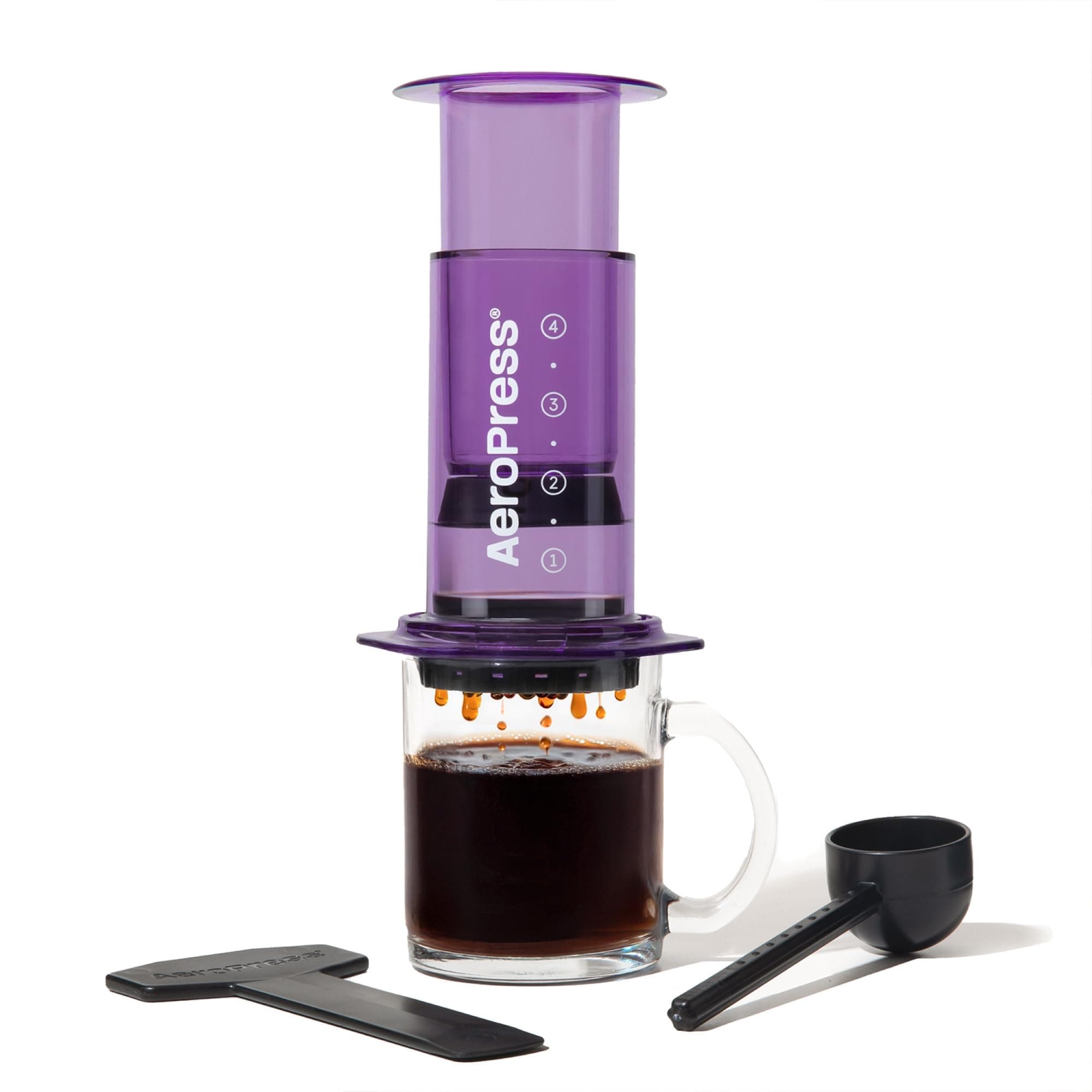 Clear Purple Coffee Press - All-in-One French Press, Pour-Over & Espresso Style Manual Brewer, 2 Min Brew for Less Bitterness, More Flavor, Small Portable Coffee Maker, Travel & Camping