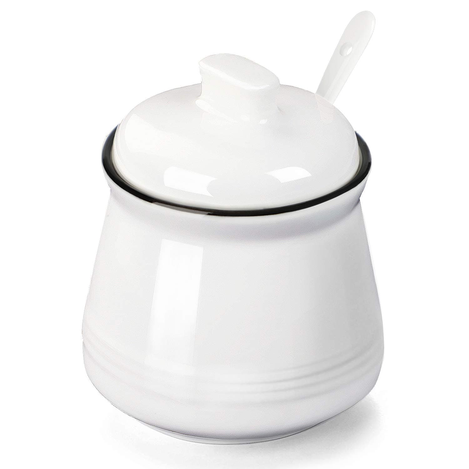 Porcelain Salt Bowl with Lid and Spoon,Ceramic Sugar Bowl 12oz (White)