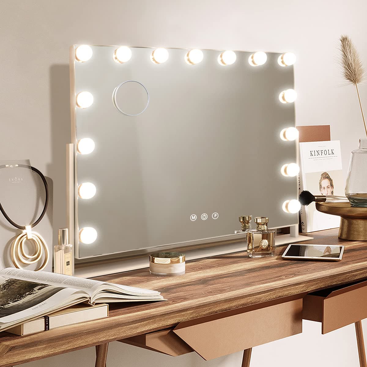 Hansong Hollywood Vanity Mirror with Lights 360 Degree Rotation Dressing Table Mirror with 15 LED Bulbs and 10X Magnification Touch Screen Large Makeup Mirror for Bedroom and Dressing Room