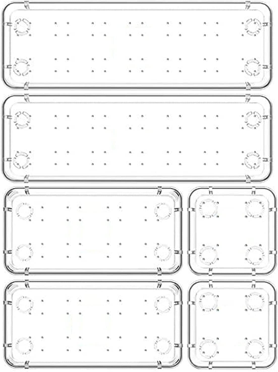 Zollyss Desk Drawer Organizer Trays Various Size Bathroom Drawer Tray Dividers Plastic Vanity Organizers Storage Bins For Makeup Cosmetics Dresser Kitchen Office(Clear)(6 Pcs),Rectangular,Transparent