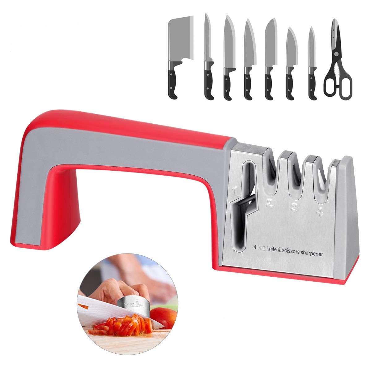 Knife Sharpener 4-in-1 Kitchen Knife and Scissor Sharpener 3 Stage Diamond Handheld Sharpening Tools-Manual system Help Repair,Restore and Polish Blades,Cut-Resistant Finger Guard included,Easy to Use