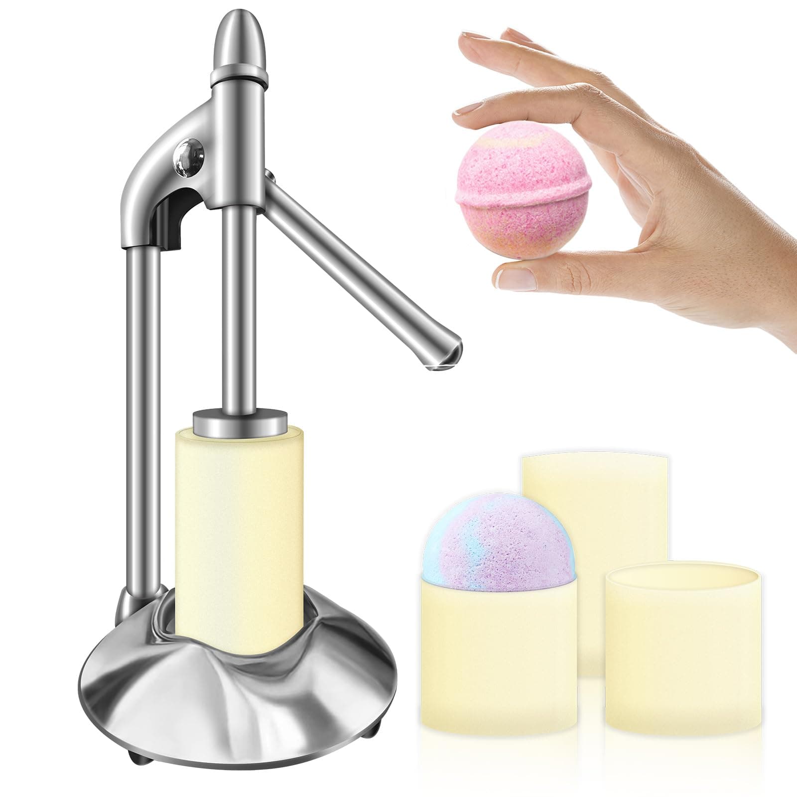 Stainless Steel Bath Bomb Press Machine with Bath Bomb Mold Set,Mold & Bath Bombs Press for DIY Making Supplies, for Crafting Handmade Spa Fizzy Bath Bombs, DPS-1, Silvery