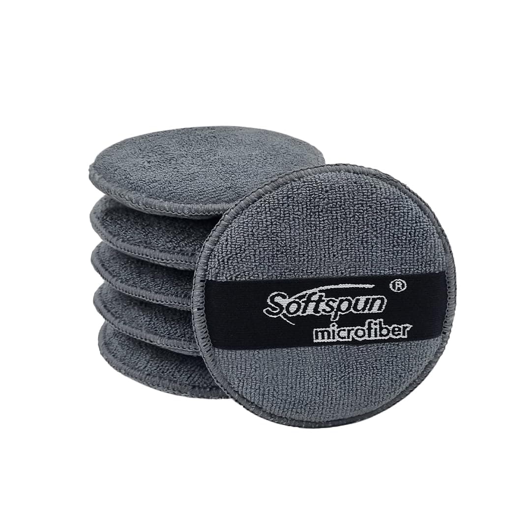- SOFTSPUN Microfiber Reusable Round Polishing Pad, 6 Pieces Set 340 GSM (Blue). Multipurpose. Ultra-Soft Application Pads with Finger Band Perfect Cleaning for Car, Bike, Window and More.