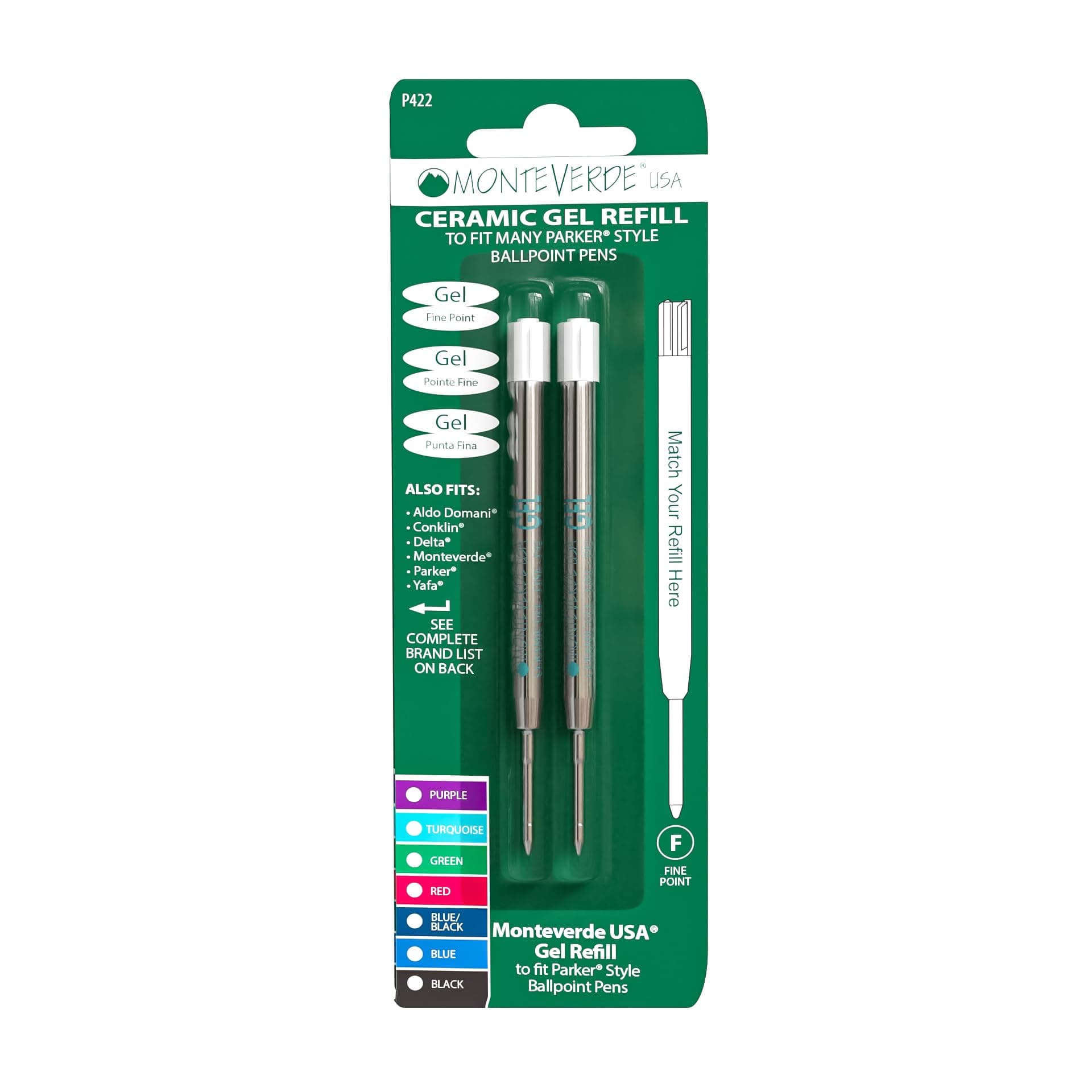 Monteverde Capless Gel Ballpoint Refill to Fit Parker Ballpoint Pens, Fine Point, Turquoise, 2 per Pack (P422TQ)
