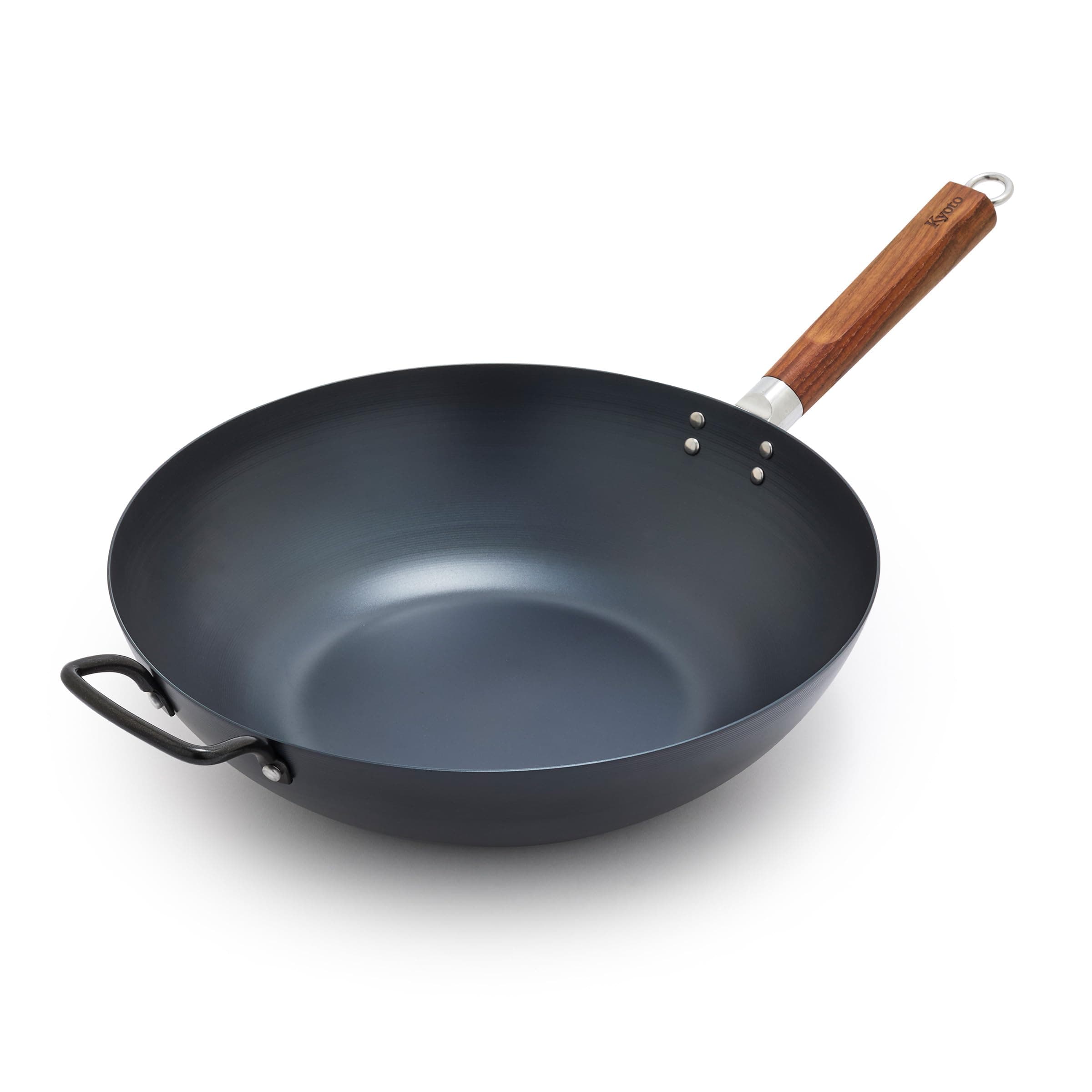 Kyoto 14” Pre-Seasoned 7.25QT Carbon Steel Wok with Helper Handle, Flat Base, Professional Nonstick Patina with Use, Induction, Carbonized Ash Wood Handle, Even Heating, Durable, Black