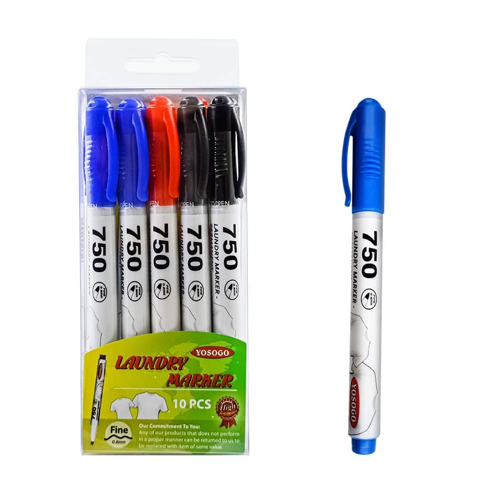 Yosogo Permanent Fabric Marker Pens (3 Colors) | Pack of 10 Non-Toxic, Fast-Drying, Long-Lasting Laundry Markers. Black