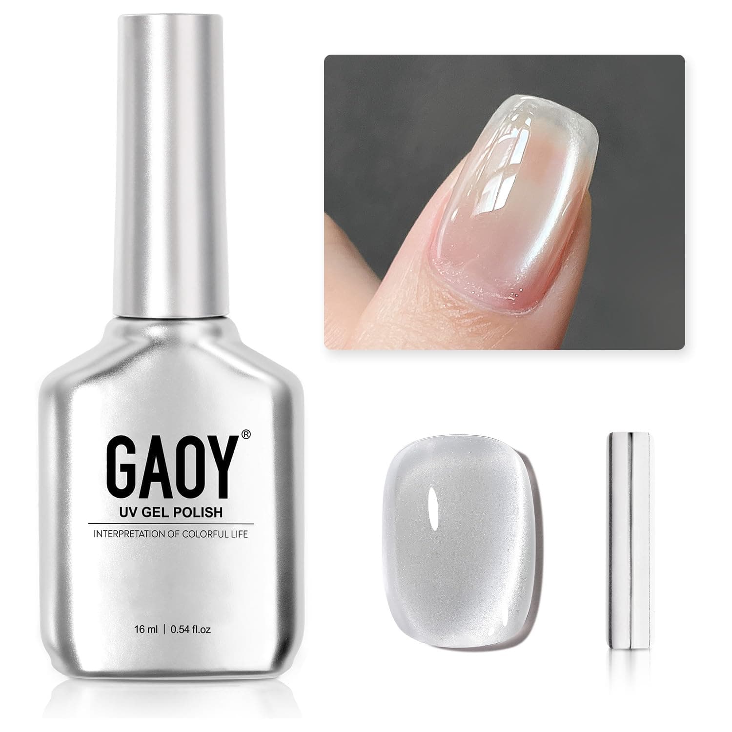 GAOY Glassy Cat Eye Gel Nail Polish, 16ml Glitter Holographic UV Gel Polish with Magnet, Reflective Translucent, 2341 Silvery Moonlight