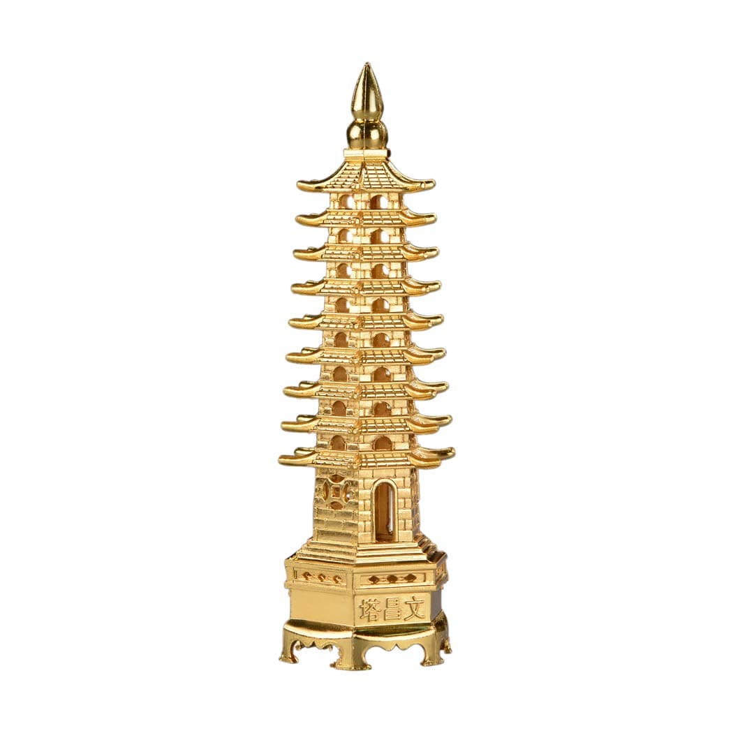 BRABUD 5.1'' Alloy Fengshui 9 Level Pagoda Wenchang Tower Statue Protection Business Rises Desk Decor Collectible Golden Color ZD111