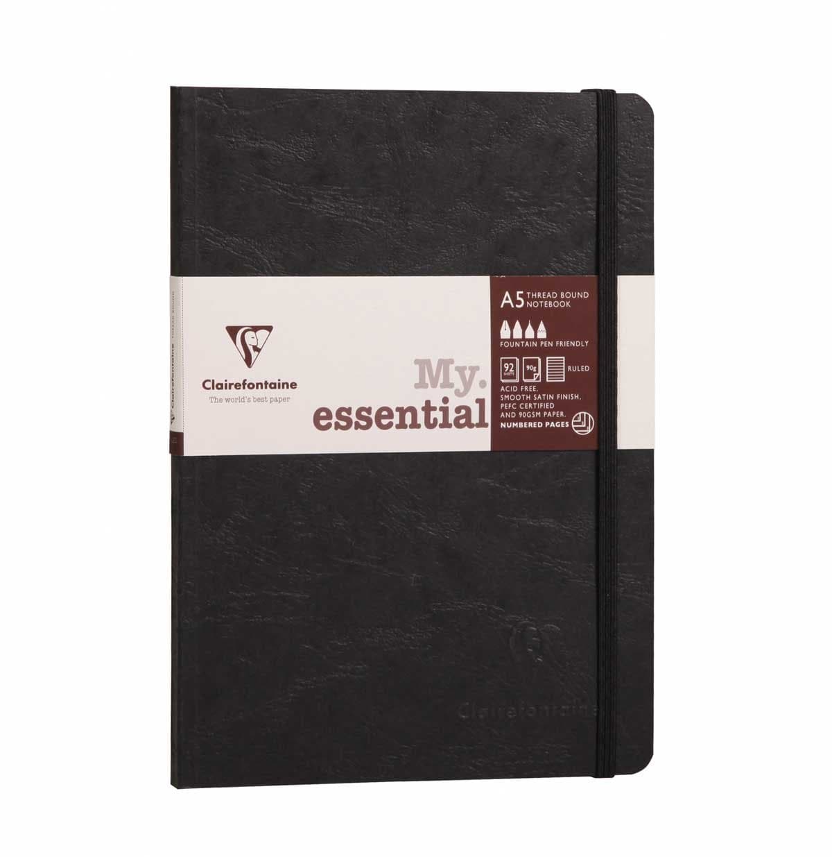 Clairefontaine - Ref 793461C - Age Bag Thread-Bound Notebook (192 Pages) - A5 Size, Lined Rulings, 90gsm Brushed Vellum Paper, Elastic Closure - Black Cover