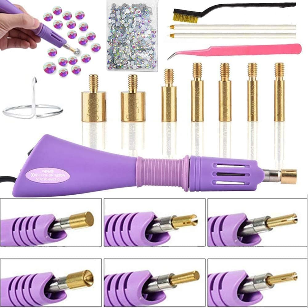 Hotfix Applicator, 7-in-1 Hot Fix Rhinestone Applicator Wand Setter Tool Kit with AB Crystal Rhinestones, 7 Tips, 2 Pencils and Tweezers