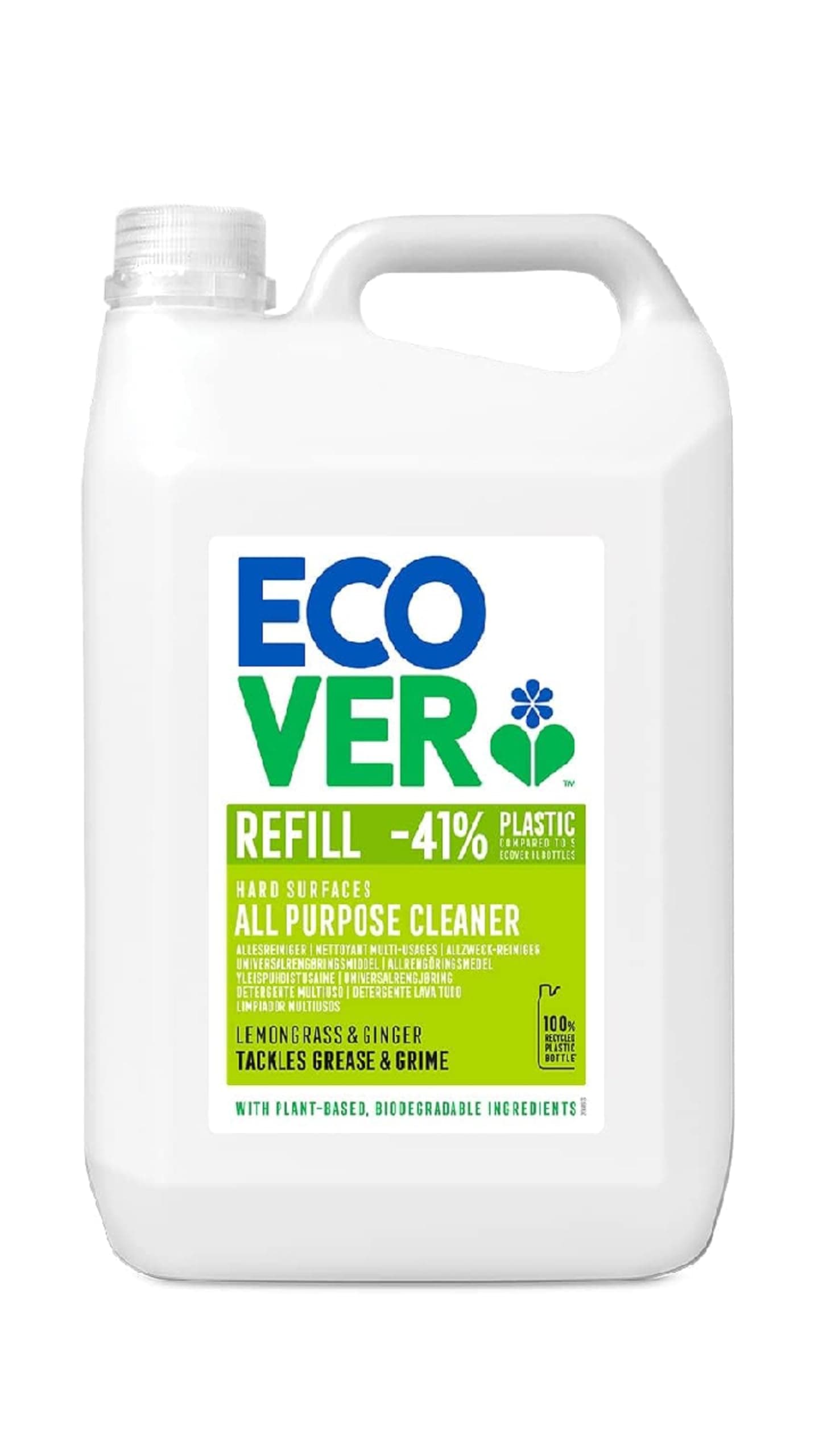 Ecover All Purpose Cleaner Refill, Tackles Dirt & Grime, For Hard Surfaces, Lemongrass & Ginger Scent, Pack of 1, 1 x 5L