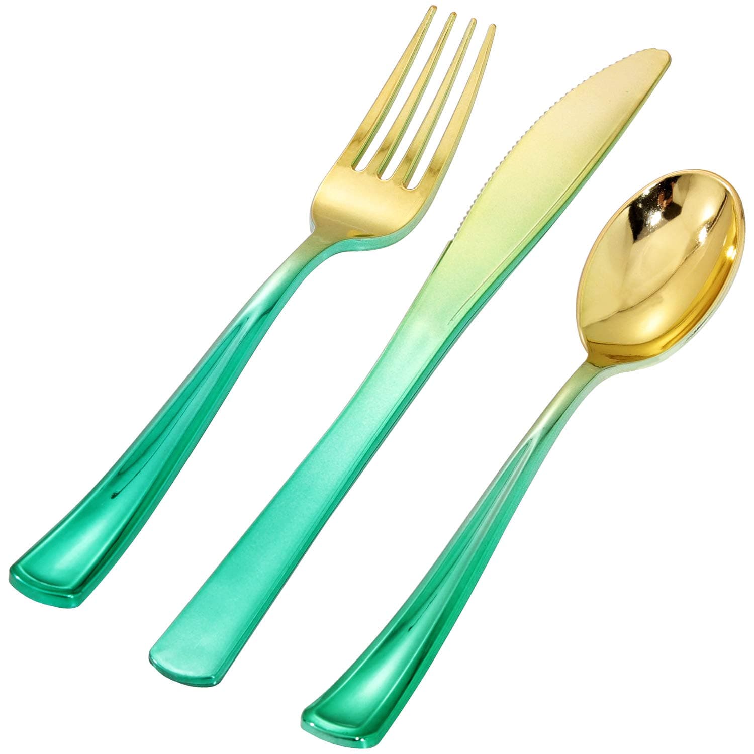 NERVURE 180Piece Gold Plastic Silverware Set- Green Plastic Cutlery & Disposable Flatware includes 60 Forks, 60 Knives, 60 Spoons- Heavy Duty Silverware for Party Bulk Pack (Green Gold)