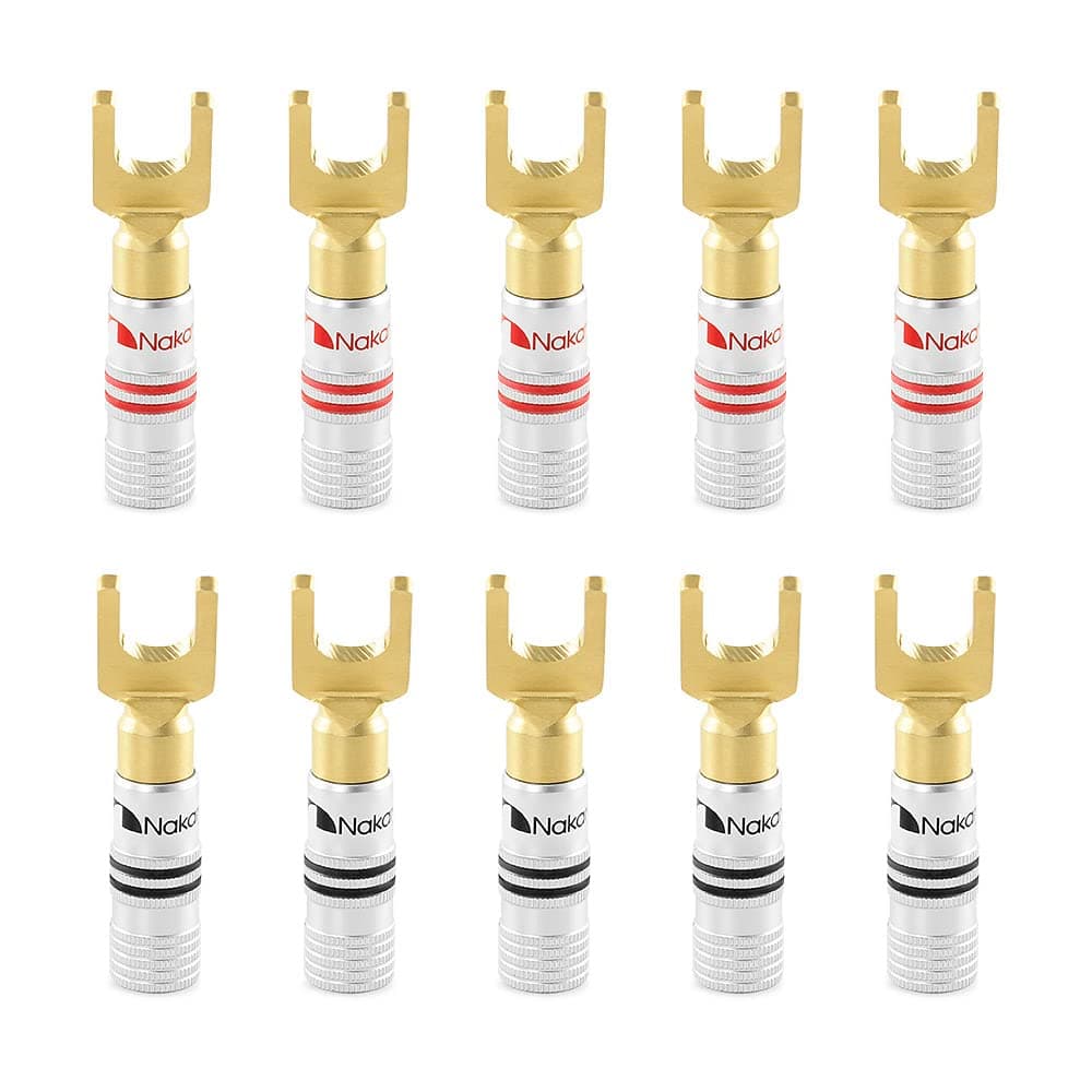 Excel Series 24k Gold Plated Banana Plug 12-18 AWG Gauge Size 4mm for Speakers Amplifier Hi-Fi AV Receiver Stereo Home Theatre Radio Audio Connector 10 Pcs 5-Pairs, Spade Plug