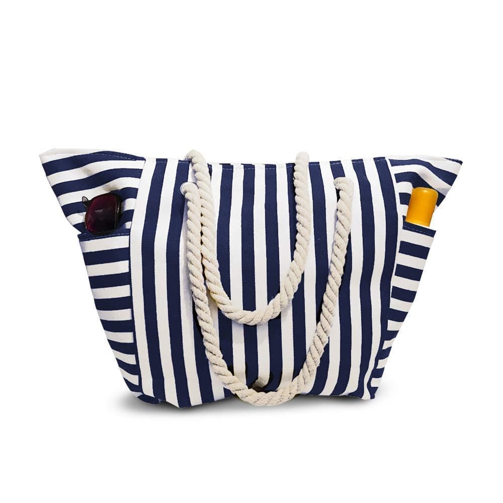 Beach Bag With Inner Zipper Pocket from Tote Bag with Top Zipper and Rope Handles (Large, White and Navy Blue)