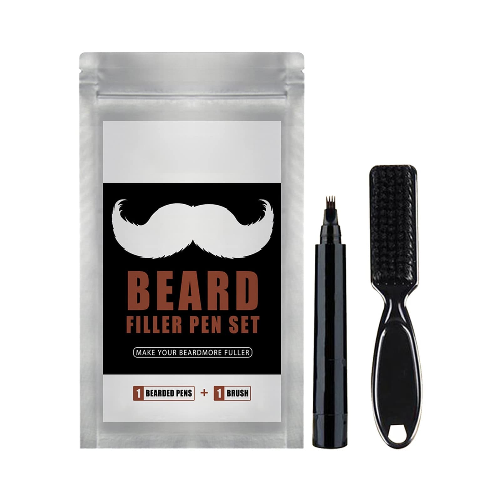 Brussel 1 Set Beard Filling Pen Kit Natural 4 Tip Beard Pencil Filler with Beard Brush Water Sweat Proof Long Lasting Beard Pen Black