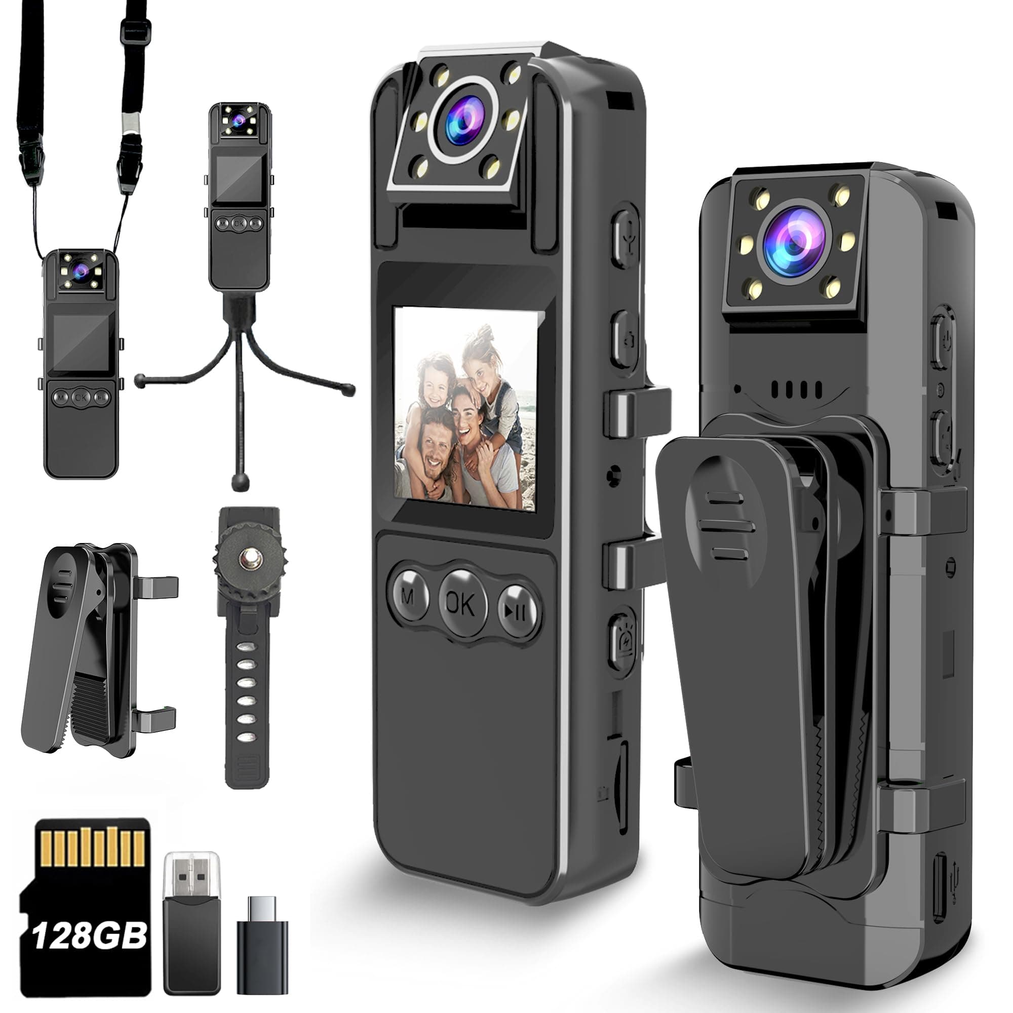 Body Camera with Audio Video Recording, 1080P HD, 180°Rotatable Lens, 6HR Battery, IR Cut Auto Night Vision, 128GB Camcorder