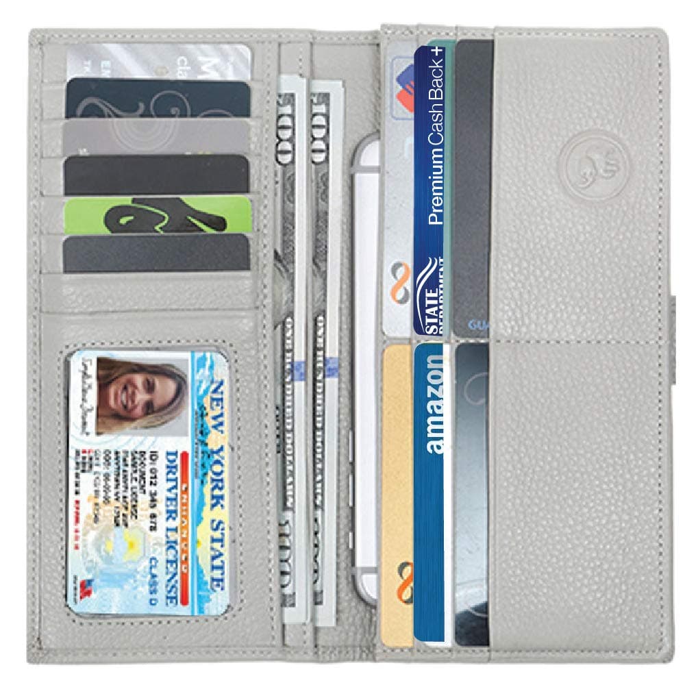 Emanuel Slim Women's Leather Wallet (Light Grey) – RFID-Blocking Large Capacity Clutch with Phone Holder, ID Window – Premium Cowhide Leather Zippered Ladies Purse & Military Shielding Technology