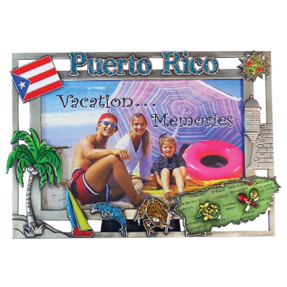 Pewter Picture Frame Puerto Rico Souvenir Gift Durable Pewter Flag, Island Map and Palm Tree Photo Frames 4x6 - Great San Juan Gift Idea