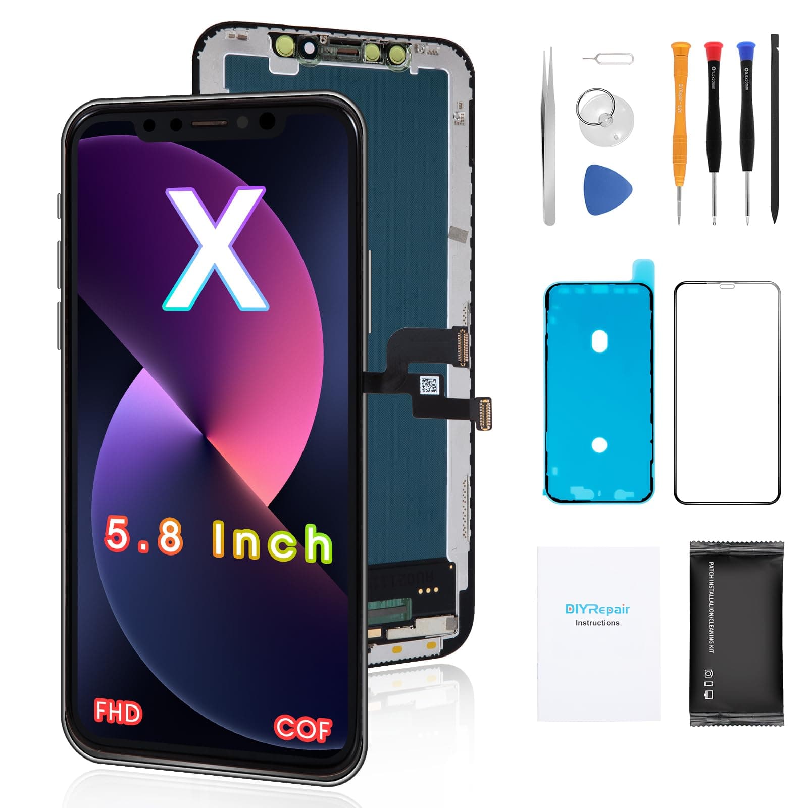 Screen Replacement for iPhone X 5.8', 3D Touch Display Full Repair kit, Digitizer Assembly with Tools Set, Tempered Glass, Instruction