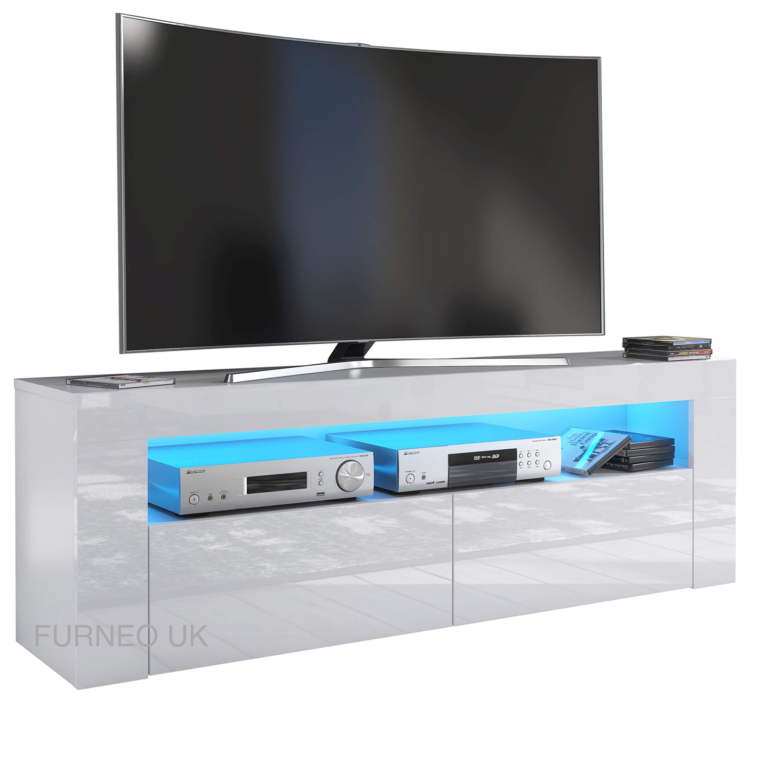 Furneo White TV Stand 145cm Unit Cabinet Matt & High Gloss Clifton13 Blue LED Lights