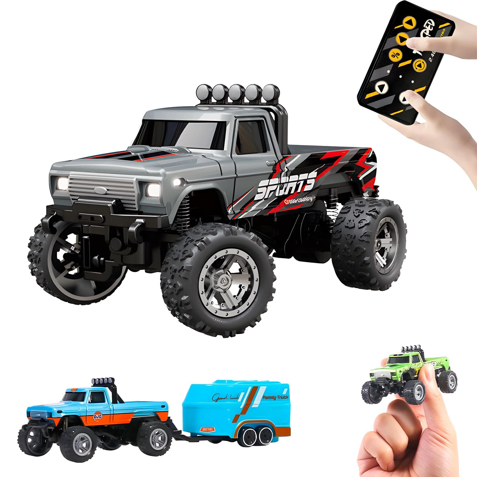 BINGONE Mini Rc Truck,1:64 Scale Monster Truck Remote Control Car with Lights, 2.4Ghz Remote Control, Mini Alloy Monster Truck Rc, Speed/Steering Adjustable
