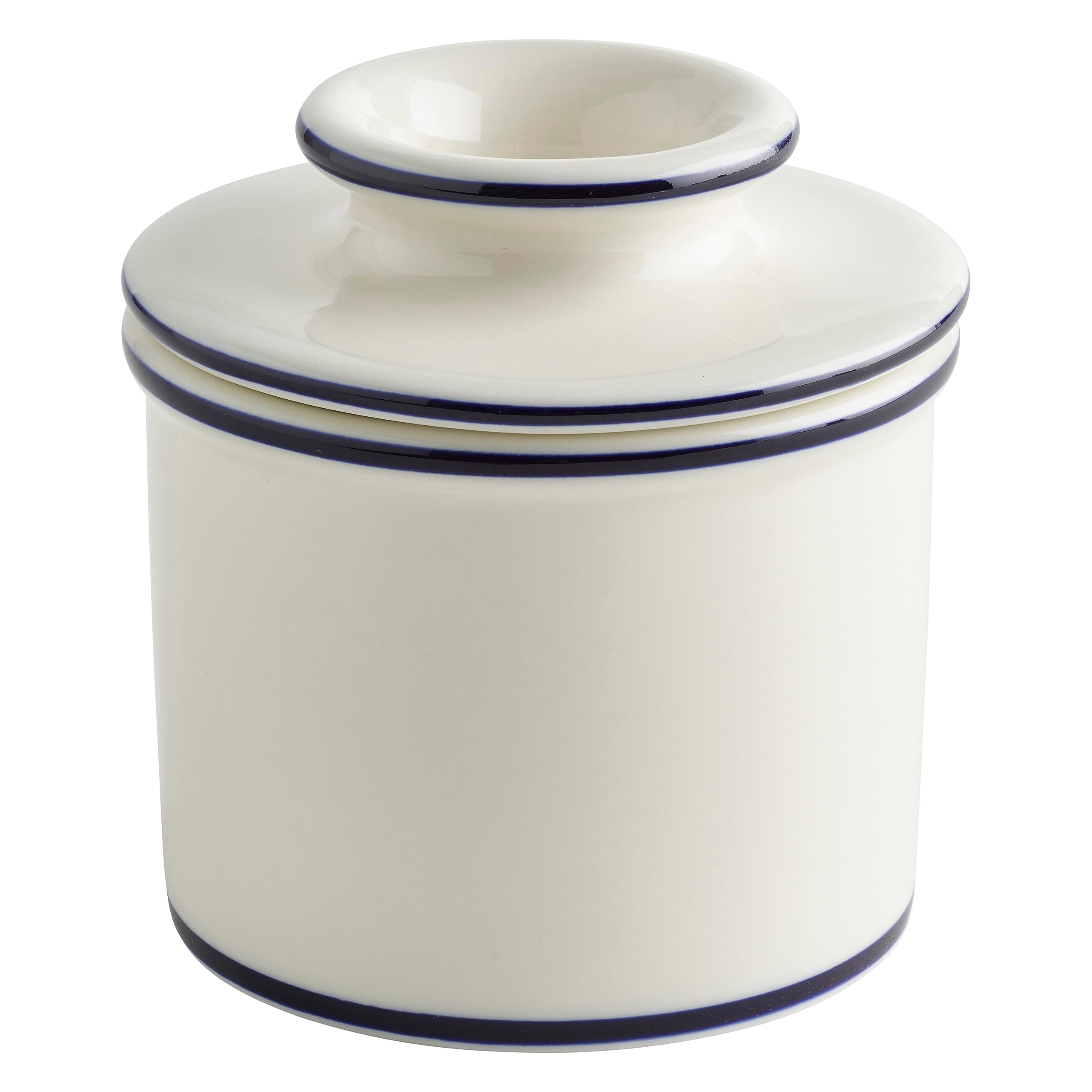 The Original Butter Bell crock by L Tremain, a Countertop French Ceramic Butter Dish Keeper for Spreadable Butter, Le Bistro, White with Blue Trim