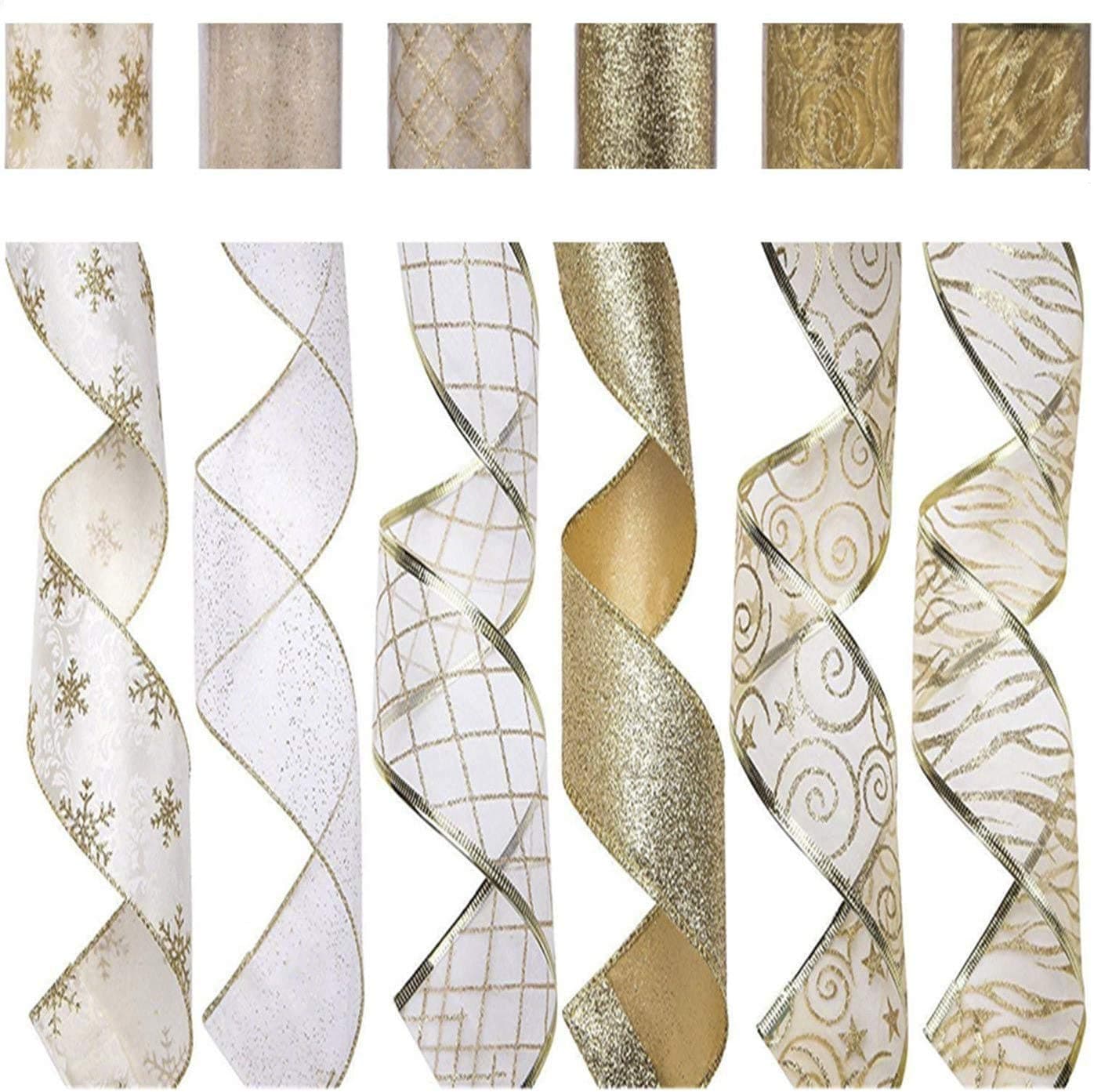 SANNO Christmas Wired Ribbon, White Gold Wired Ribbon Holiday Party Wreath Ribbons Assorted Organza Swirl Sheer Glitter Crafts Gift Decorations, Swirl Sheer Glitter Ribbon