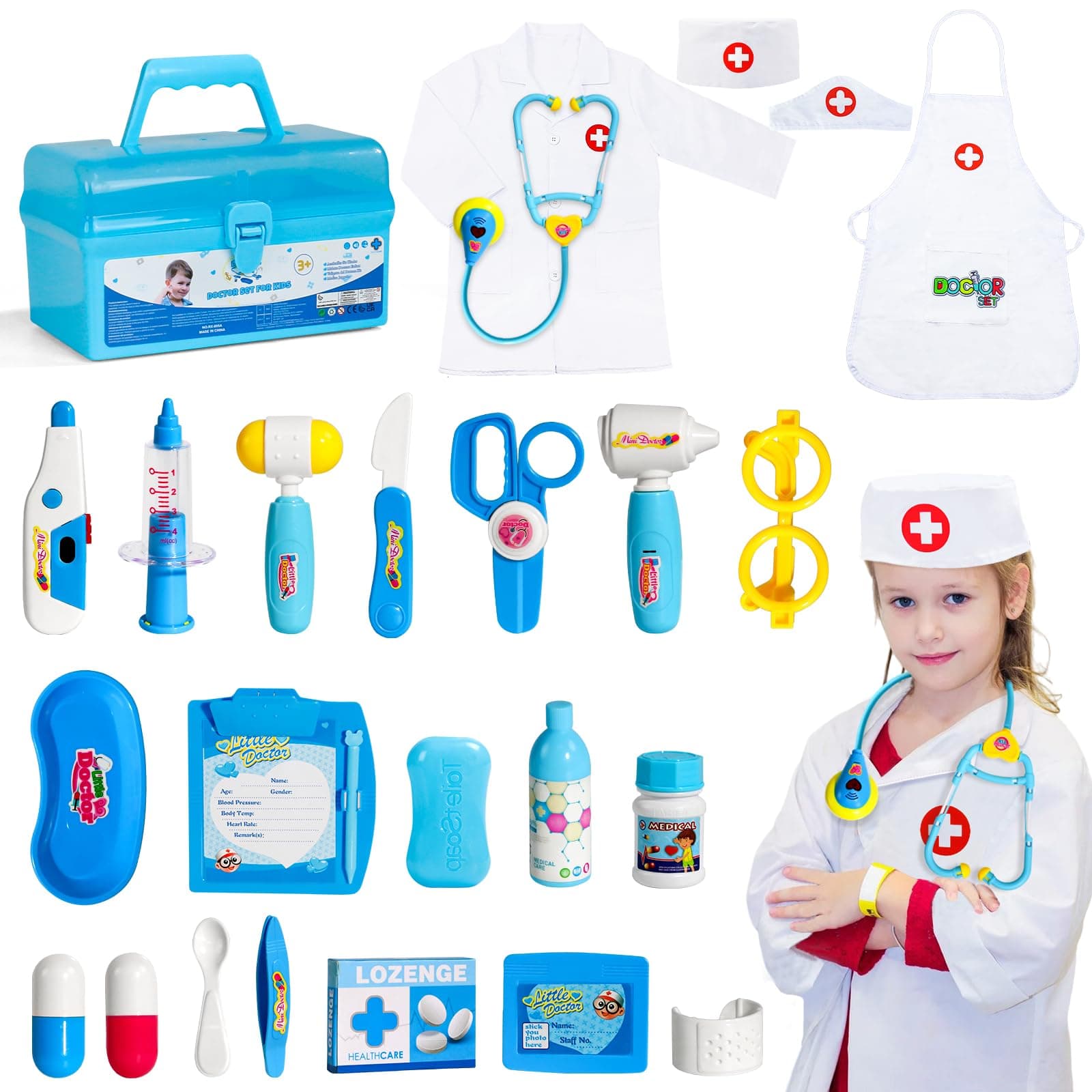3 Year Old Child Toy Doctor Case with 2 Halloween Costume for Girls, Doctor's Blouse Kit Doctor Tools Stetoscope Gift Boy Girl 3 4 5 6 Years Old