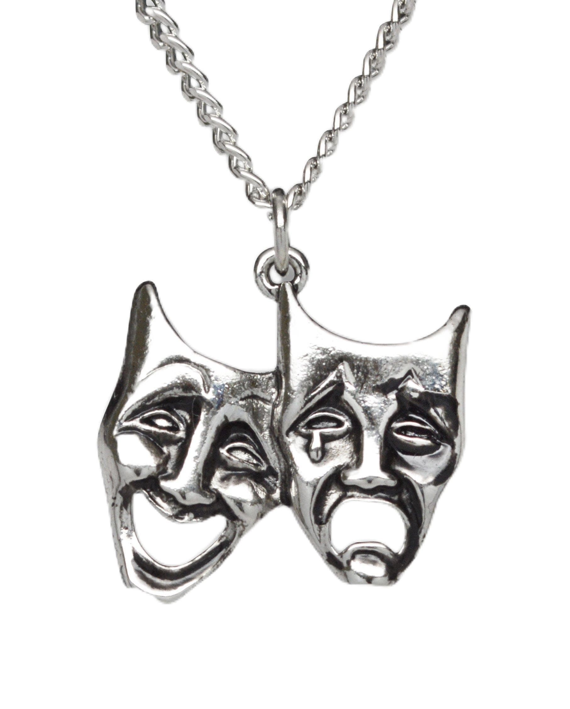 Comedy Tragedy Masks for Drama Theater and Actors Silver Finish Pewter Pendant Necklace