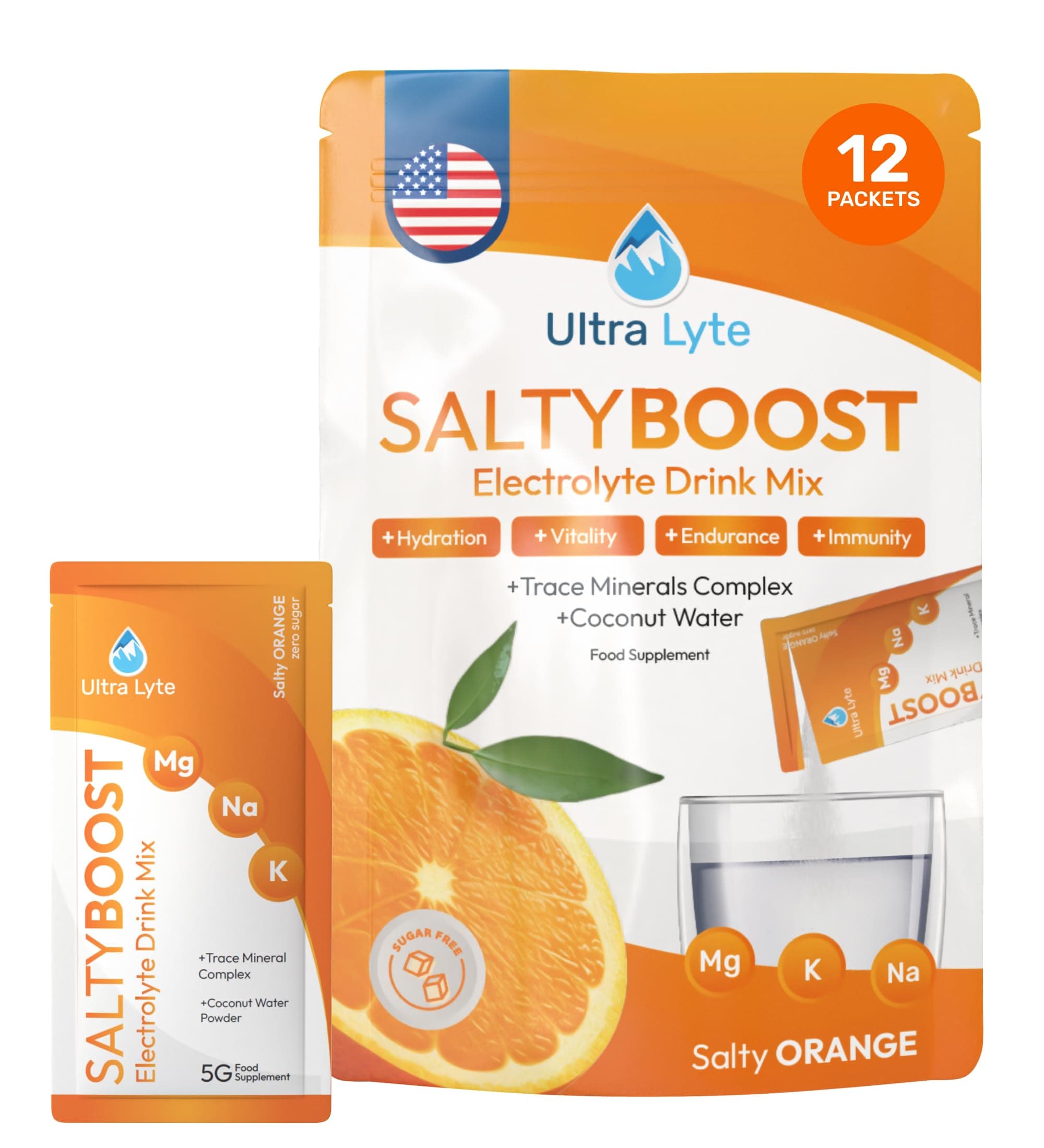 Ultra Lyte Electrolytes Drink Mix Sachets - Sugar-Free Electrolytes Powder with High Sodium, Trace Minerals and Coconut Water - Rehydration for Fitness (12 Sachets, Salty Orange)