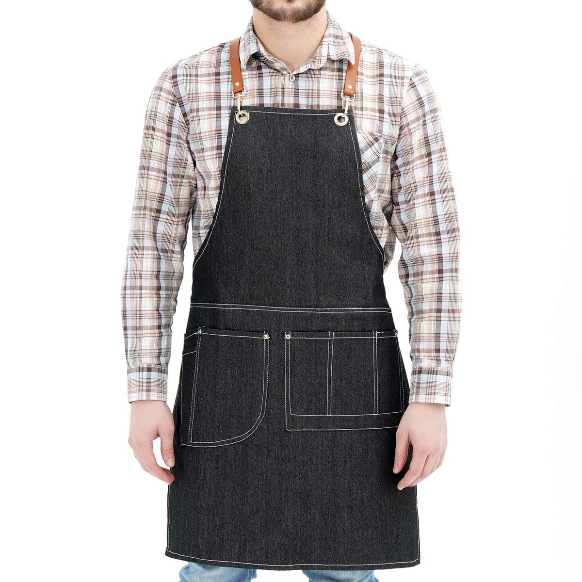 NEOVIVA Black Denim Apron with Pockets Work Apron with Cross-Back Leather Straps for Men, Style Drew, Coal Black