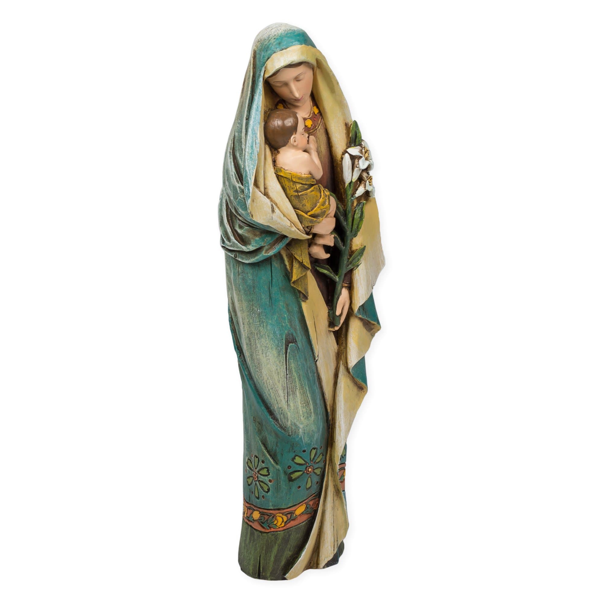 by Roman,12.5" H Madonna and Child with Lily Statue, Renaissance Collection Virgin Mary and Baby Jesus Figure, Resin and Stone Religious Decor