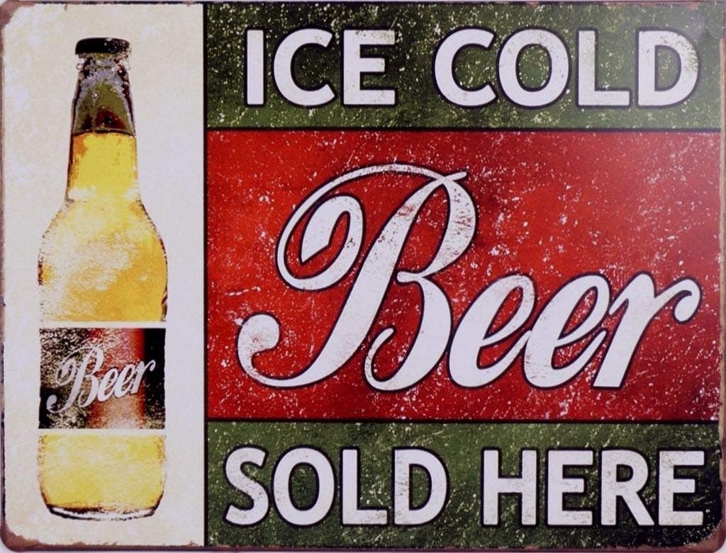 Novelty Retro Vintage Wall tin Plaque 20x15cm - Ideal for Pub shed Bar Office Man Cave Home Bedroom Dining Room Kitchen Gift - Ice Cold Beer Sold Here Shop Metal Sign