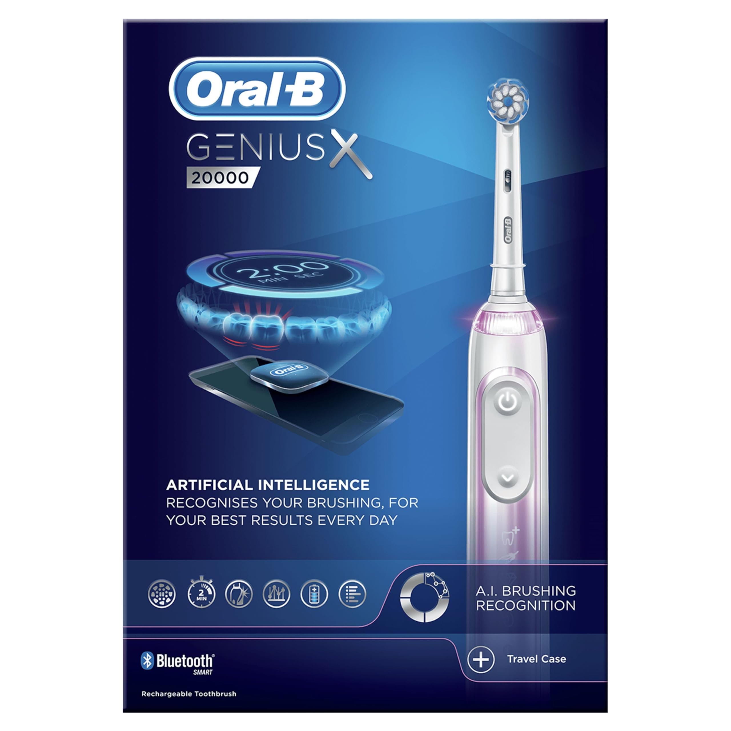 Oral-B Genius X with Artificial Intelligence Blush Pink Electric Toothbrush, 1 Toothbrush Head, 6 Modes, Gum Pressure Sensor, USB Charging Travel Case, UK 2 Pin Plug, Gift for Men/Women