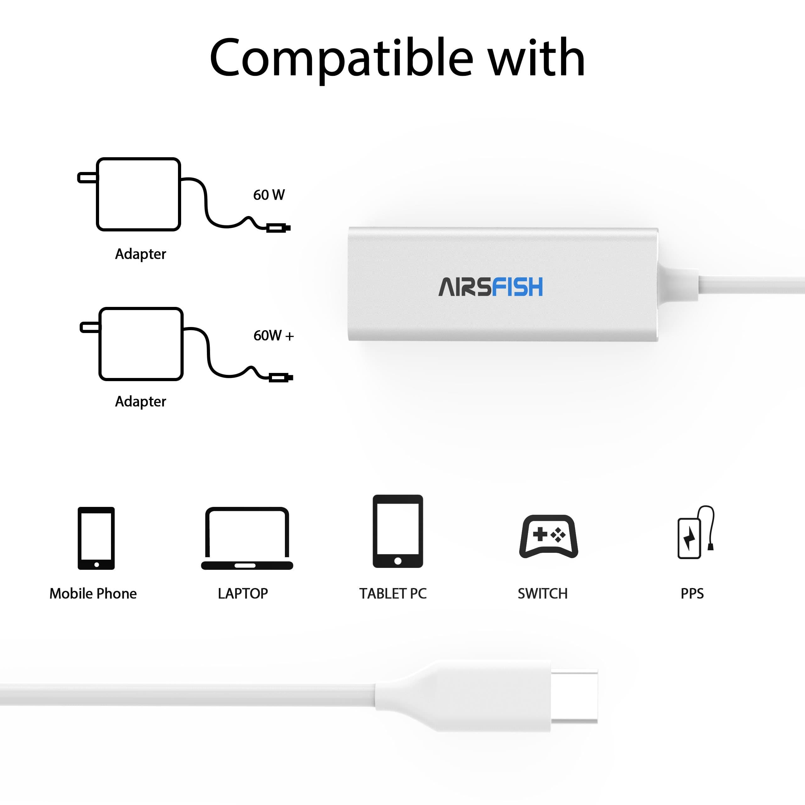 USB Type C to Magsafe 2 Charger Adapter, AirsFish USB C to 5 Pin Magsafe 2 Power Converter T-Tip Connector Cable for MacBook/MacBook Pro/Switch/Laptop (Silver)