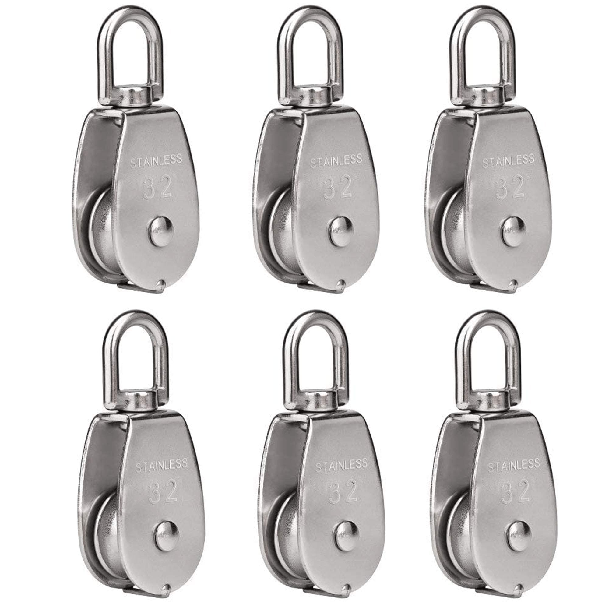 Rocaris 6 Pack M32 Stainless Steel Wire Rope Crane Pulley Block 551lbs Lifting Crane Swivel Hook Single Pulley Block Hanging Wire Towing Wheel
