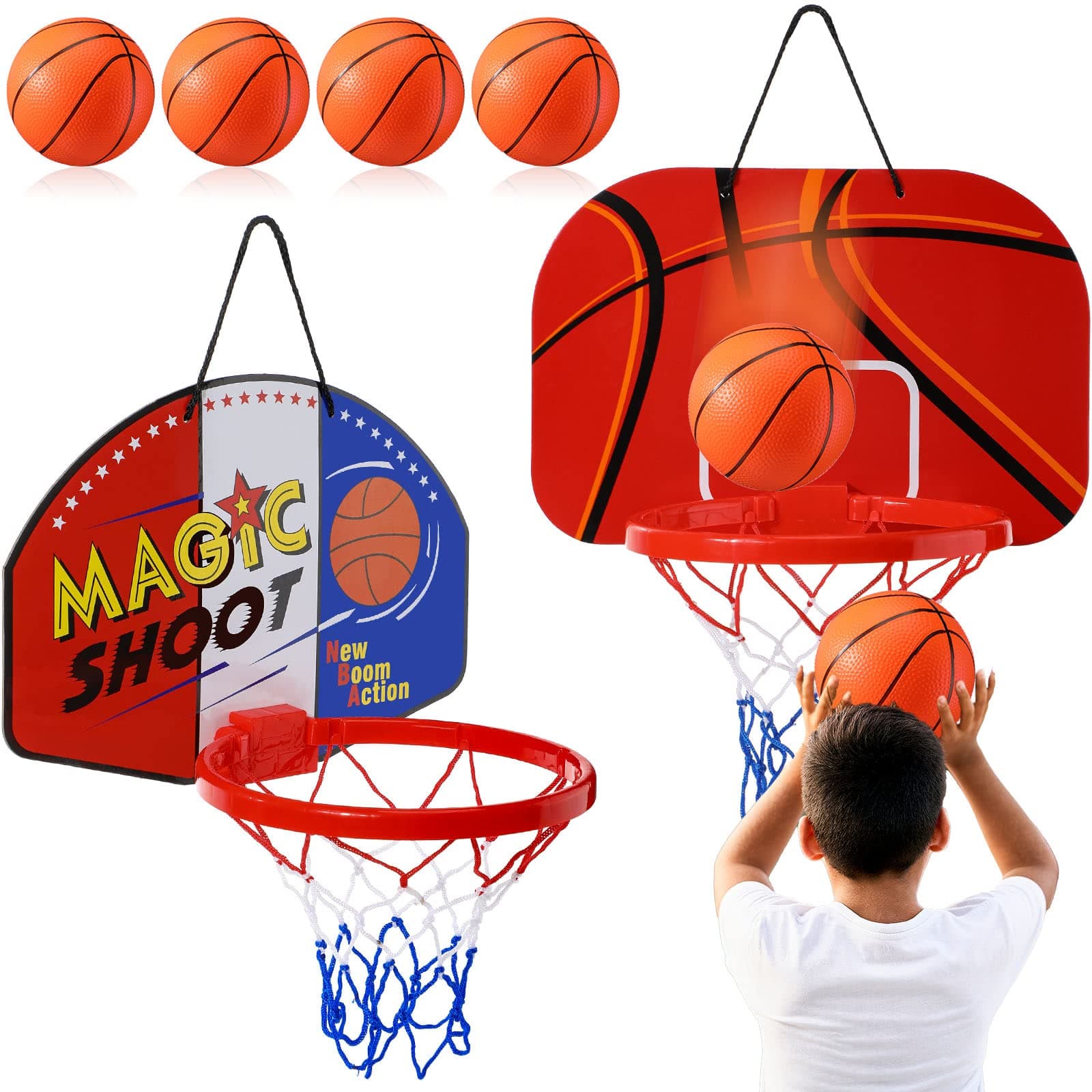 2 Pcs Mini Basketball Hoop with 4 Matching Basketball Sticky Hooks Pump Indoor Basketball Hoop No Drilling Decompress Game Gadget for Kids Adults Bedroom Bathroom