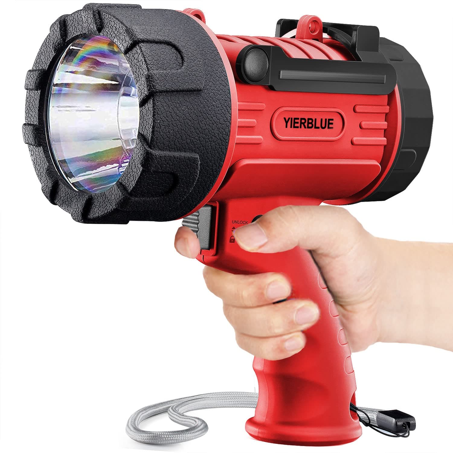 Rechargeable Spotlight Flashlight with 100,000 High Lumen LED, IP67 Waterproof Long Running Spot Light searchlight, Impact Resistant Handheld Spotlight with Foldable Stand and Red Lens