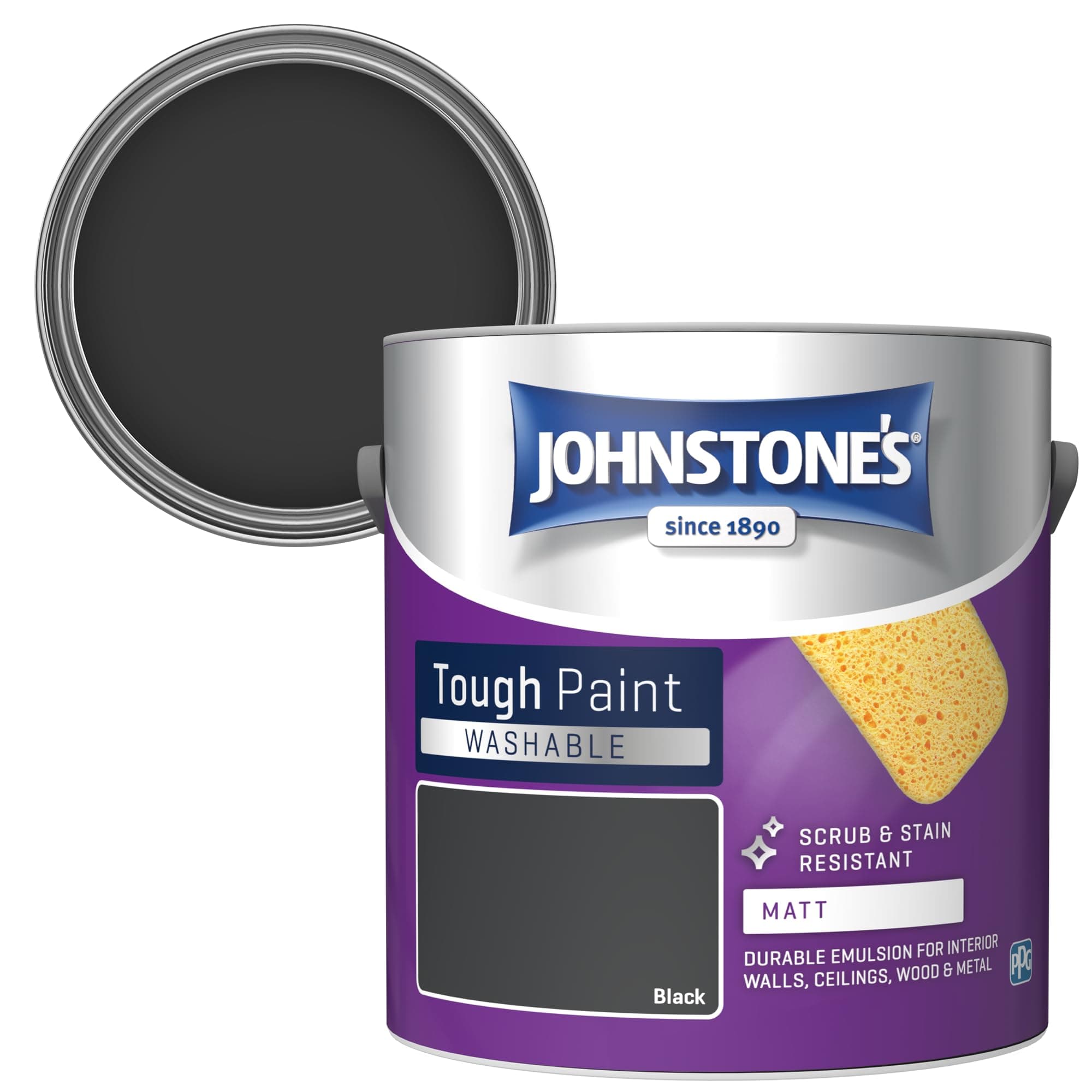 Johnstone's - Washable Paint - Black - Matt Finish - Emulsion Paint - Highly Durable - Stain Resistant - Non Toxic & Low Odour - 12m2 Coverage per Litre - 2.5L