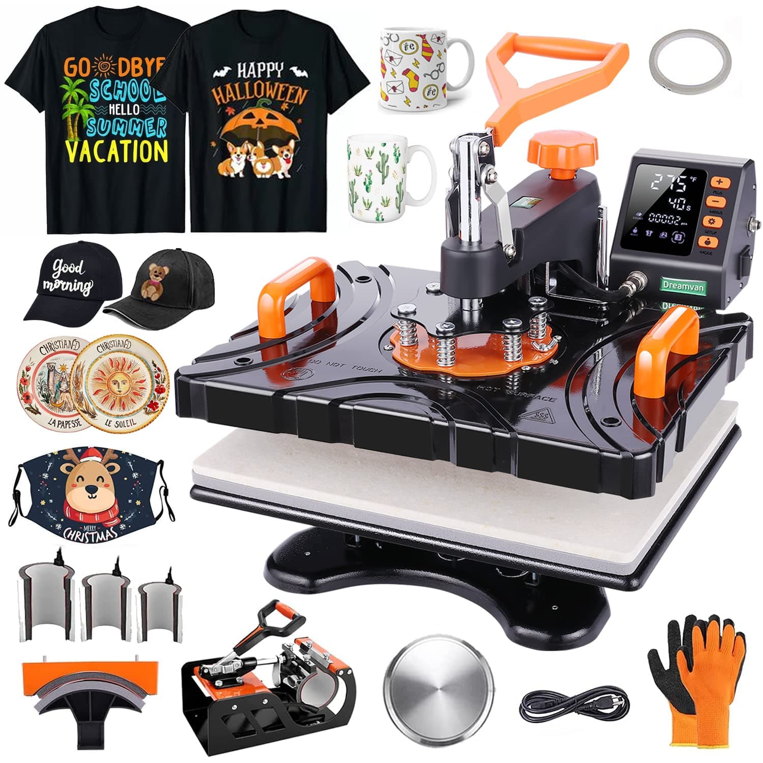 DREAMVAN Heat Press Machine, Upgraded 8 in 1 Heat Transfer Machine, 12" X 15" Digital Industrial Sublimation Heat Printing Combo with 360 Degree Rotation Swing Away for T-Shirt Hat Cap Mug Plate
