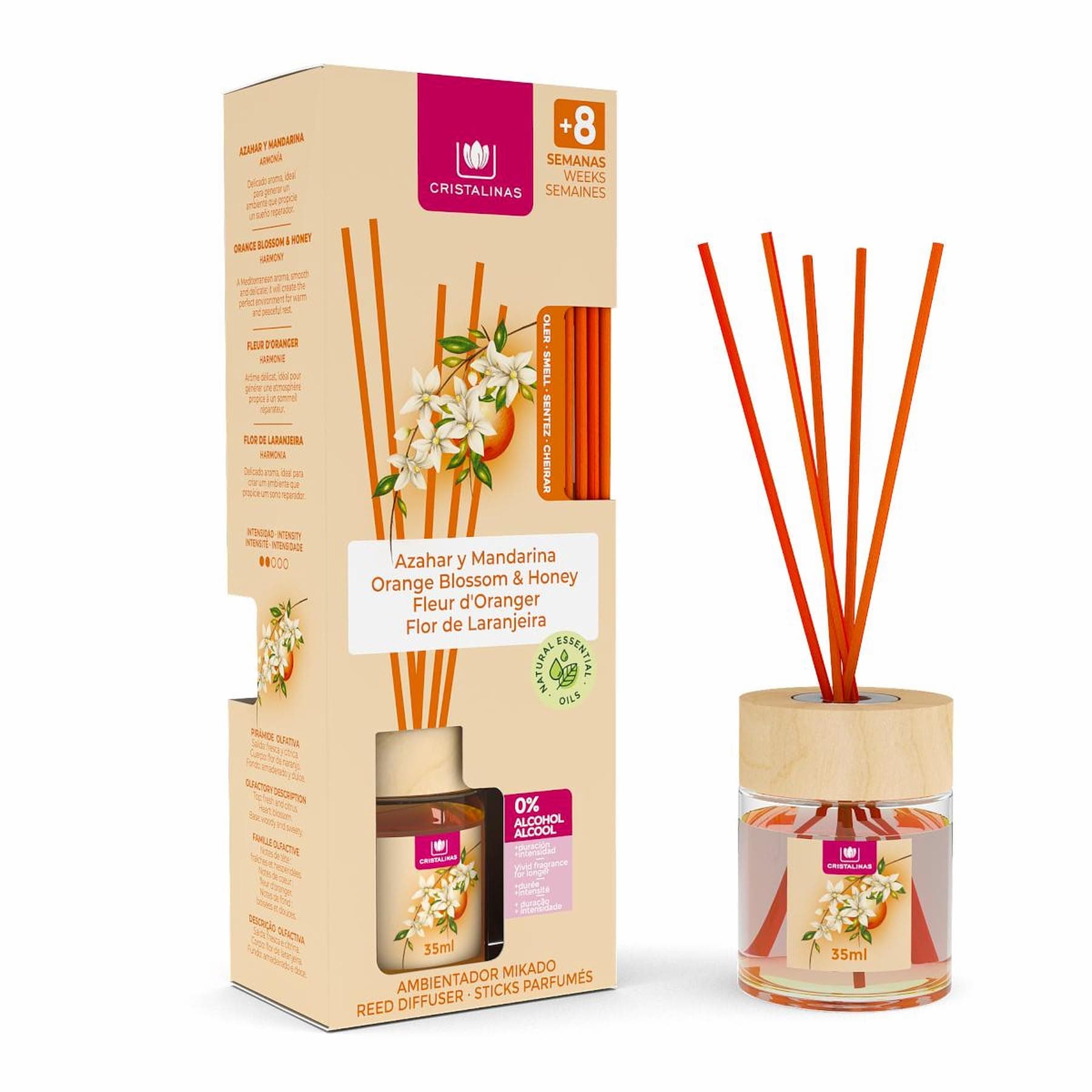 Cristalinas 35ml Orange Blossom Air Fresheners for Home - Reed Diffusers for home - Home Fragrance Lasts upto 8 weeks - Room Diffuser Sticks with Coloured Fragrance Oil